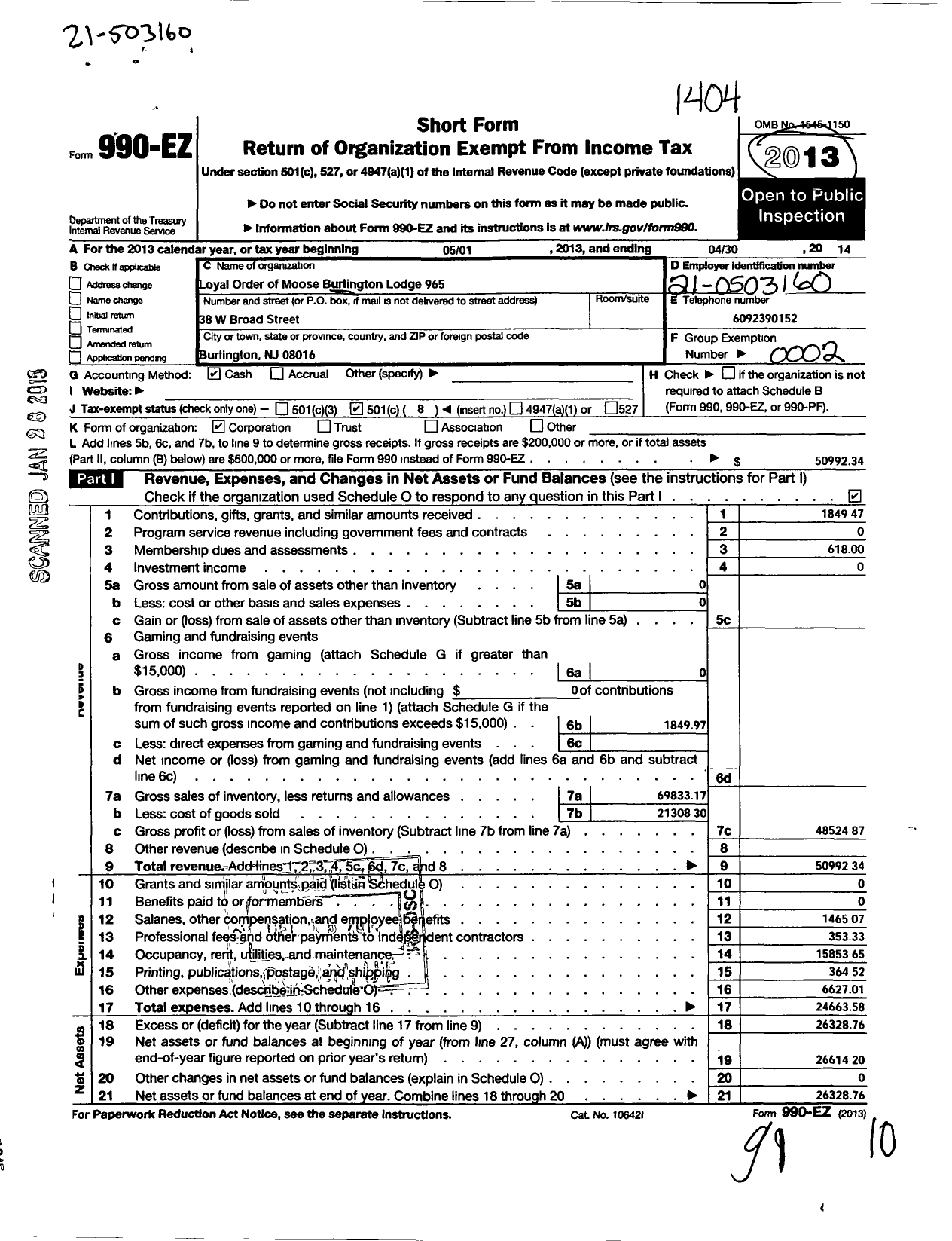 Image of first page of 2013 Form 990EO for Loyal Order of Moose Lodge 965