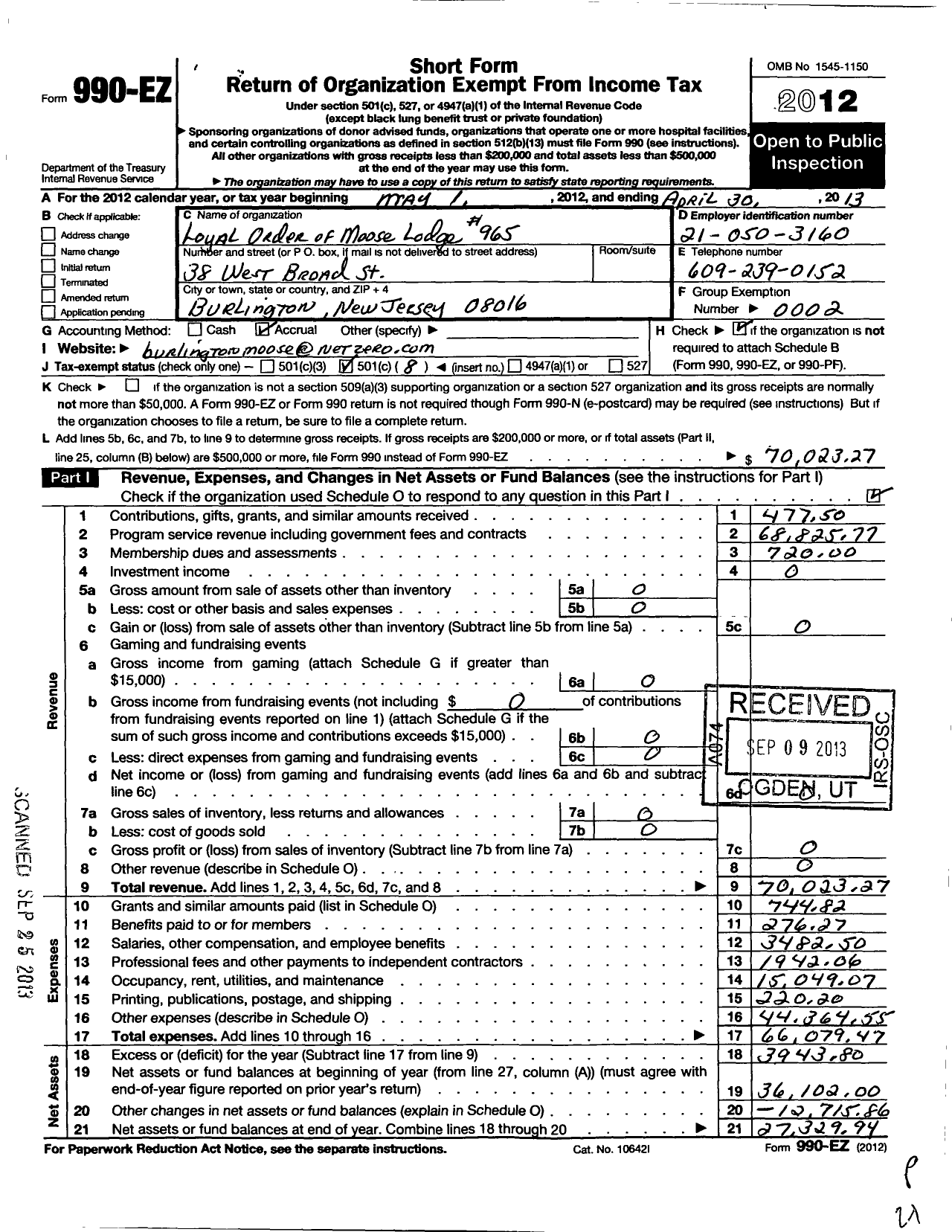 Image of first page of 2012 Form 990EO for Loyal Order of Moose Lodge 965