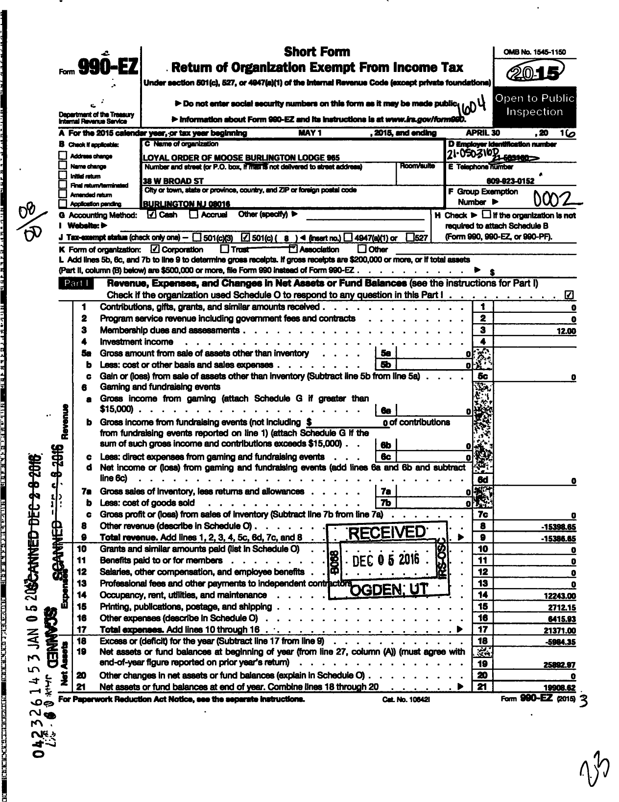 Image of first page of 2015 Form 990EO for Loyal Order of Moose Lodge 965