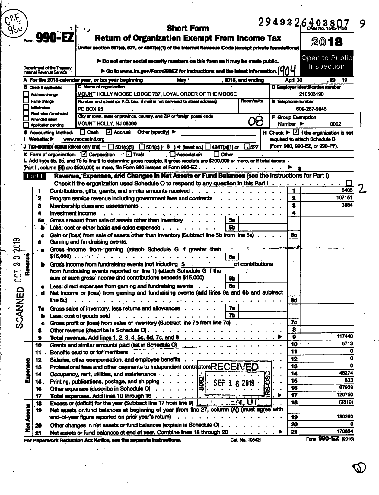 Image of first page of 2018 Form 990EO for Loyal Order of Moose - 737