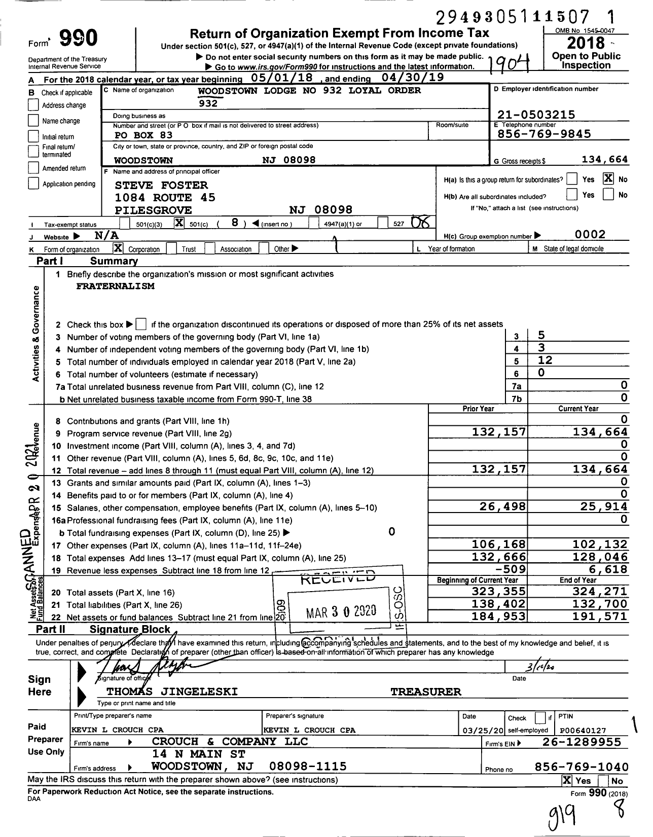 Image of first page of 2018 Form 990O for Loyal Order of Moose - 932