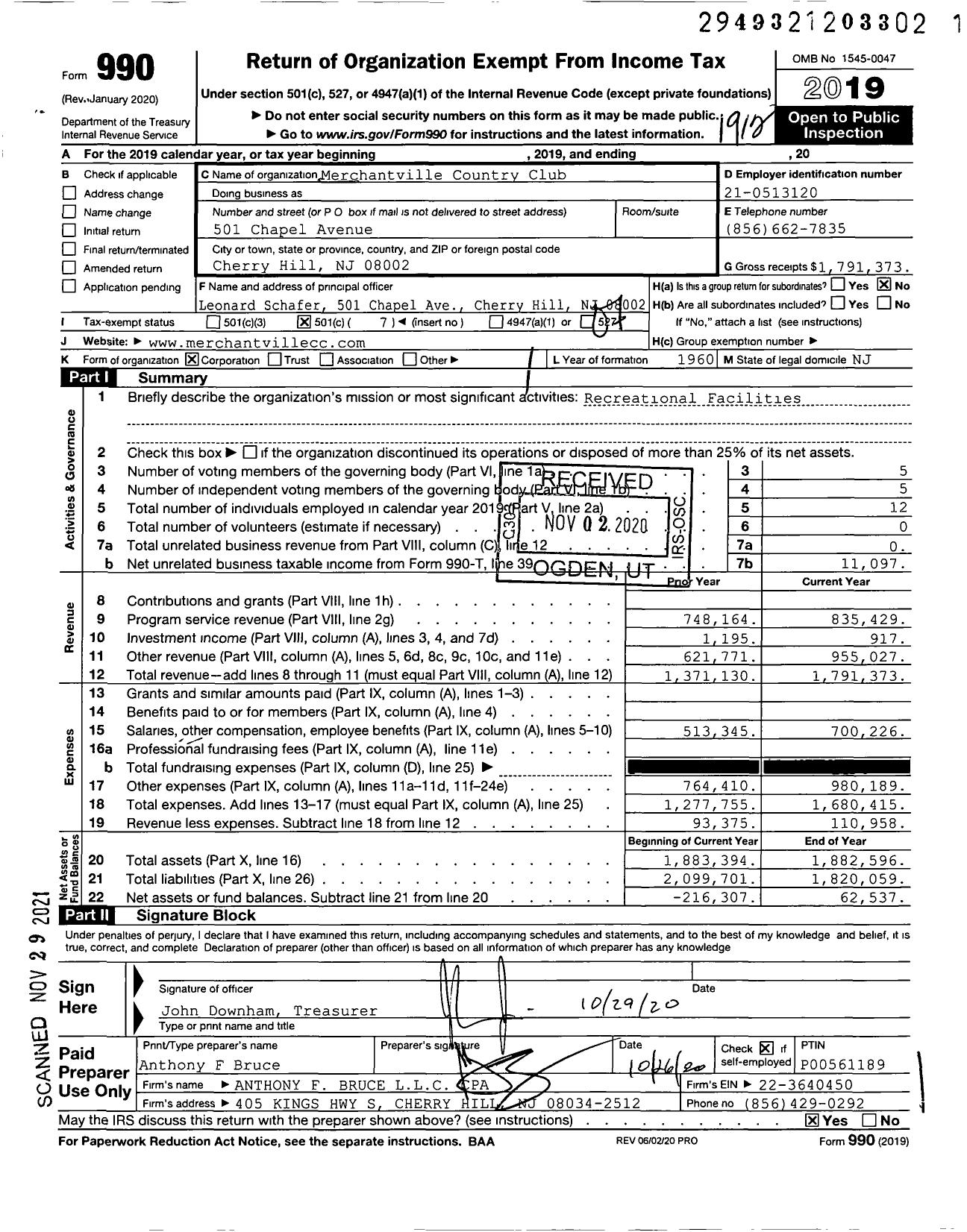 Image of first page of 2019 Form 990O for Merchantville Country Club