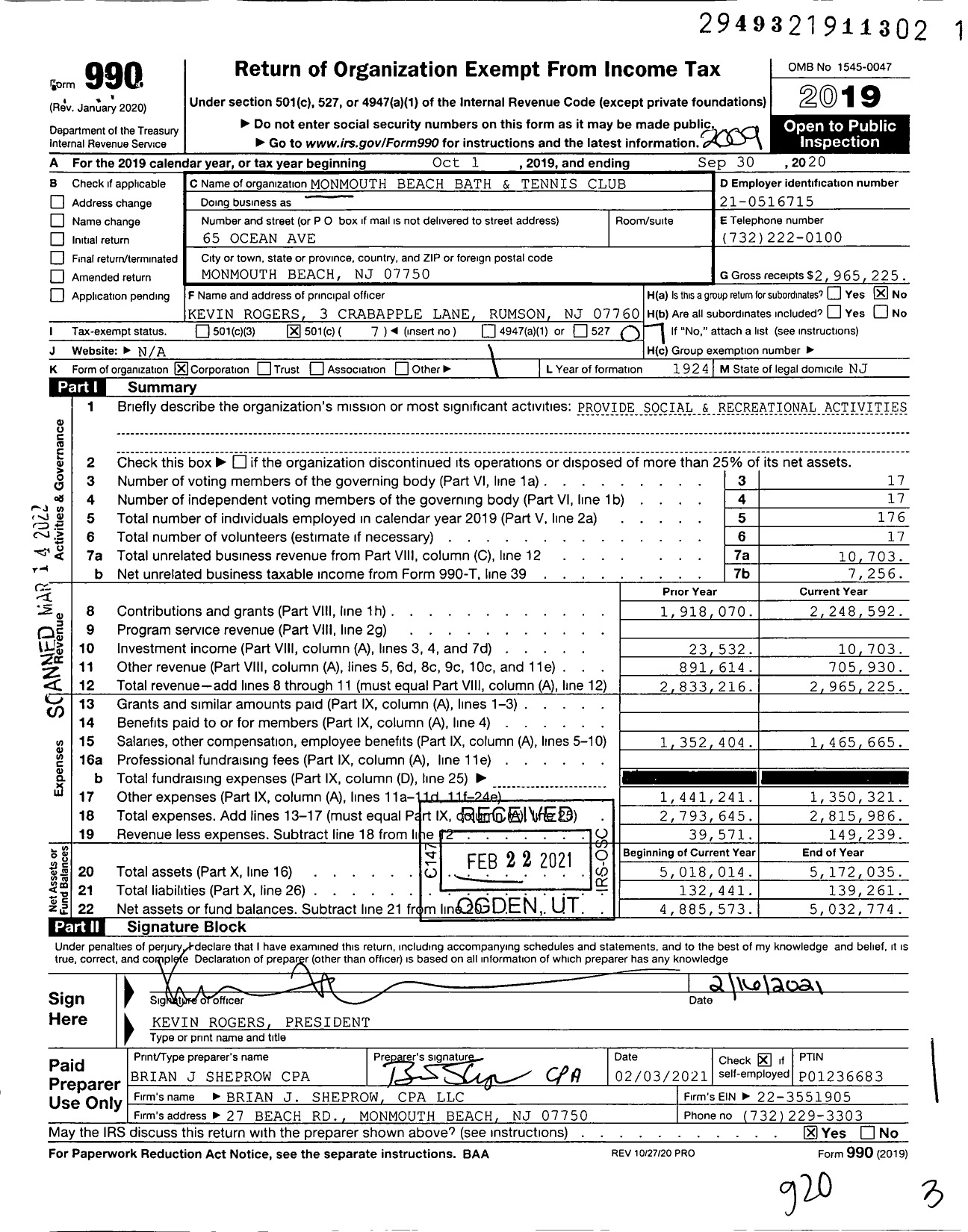 Image of first page of 2019 Form 990O for Monmouth Beach Bath and Tennis Club