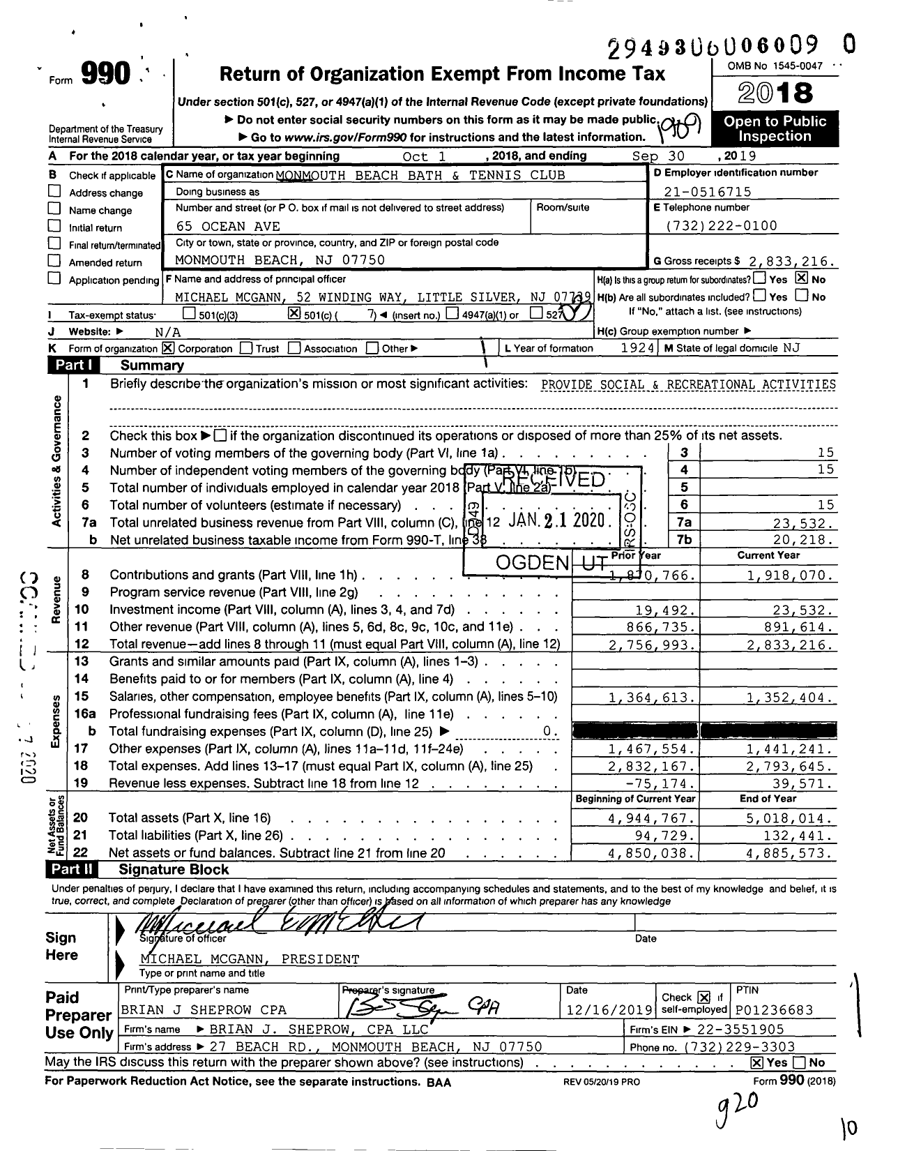 Image of first page of 2018 Form 990 for Monmouth Beach Bath and Tennis Club