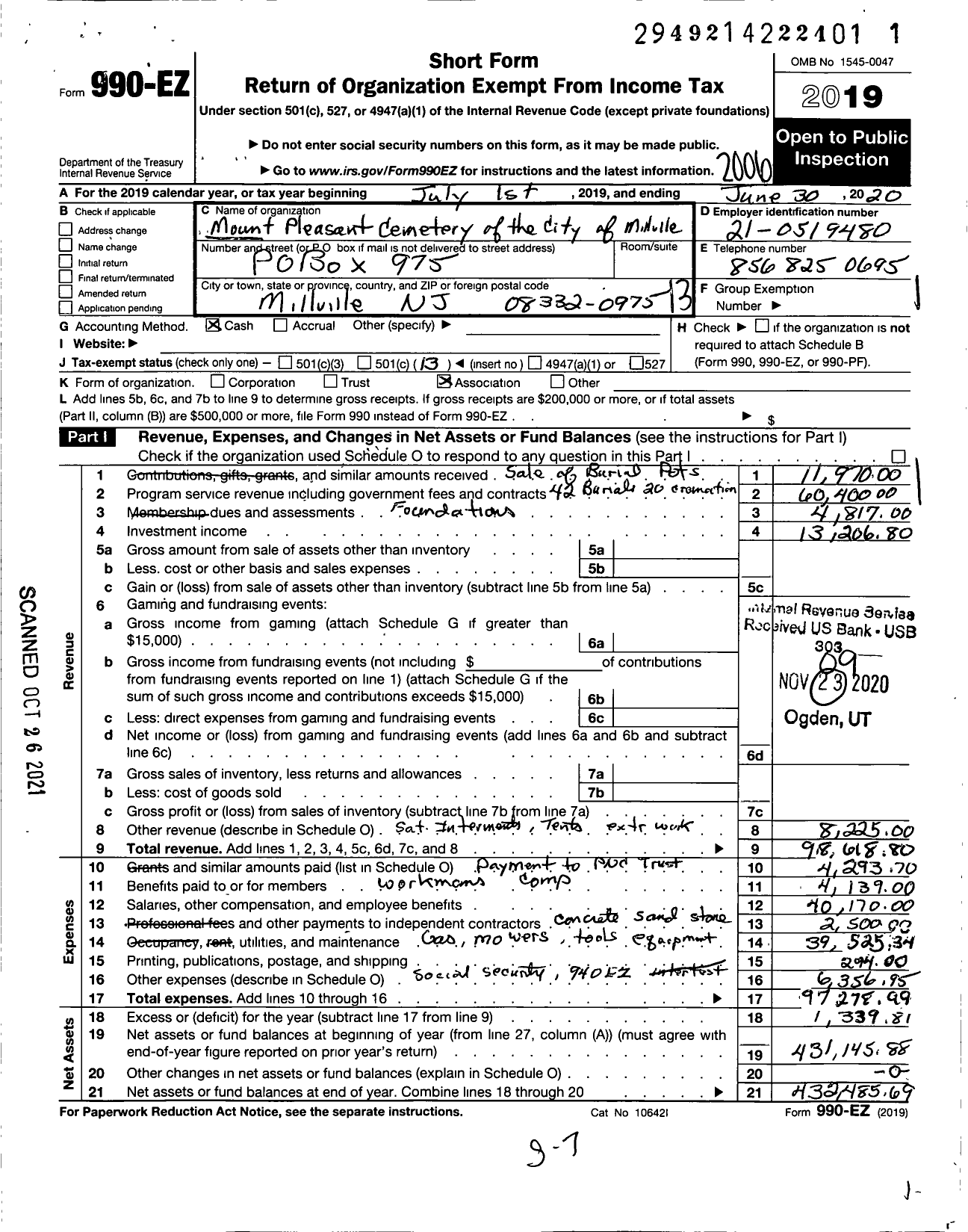 Image of first page of 2019 Form 990EO for Mount Pleasant Cemetery Association of the City of Millville