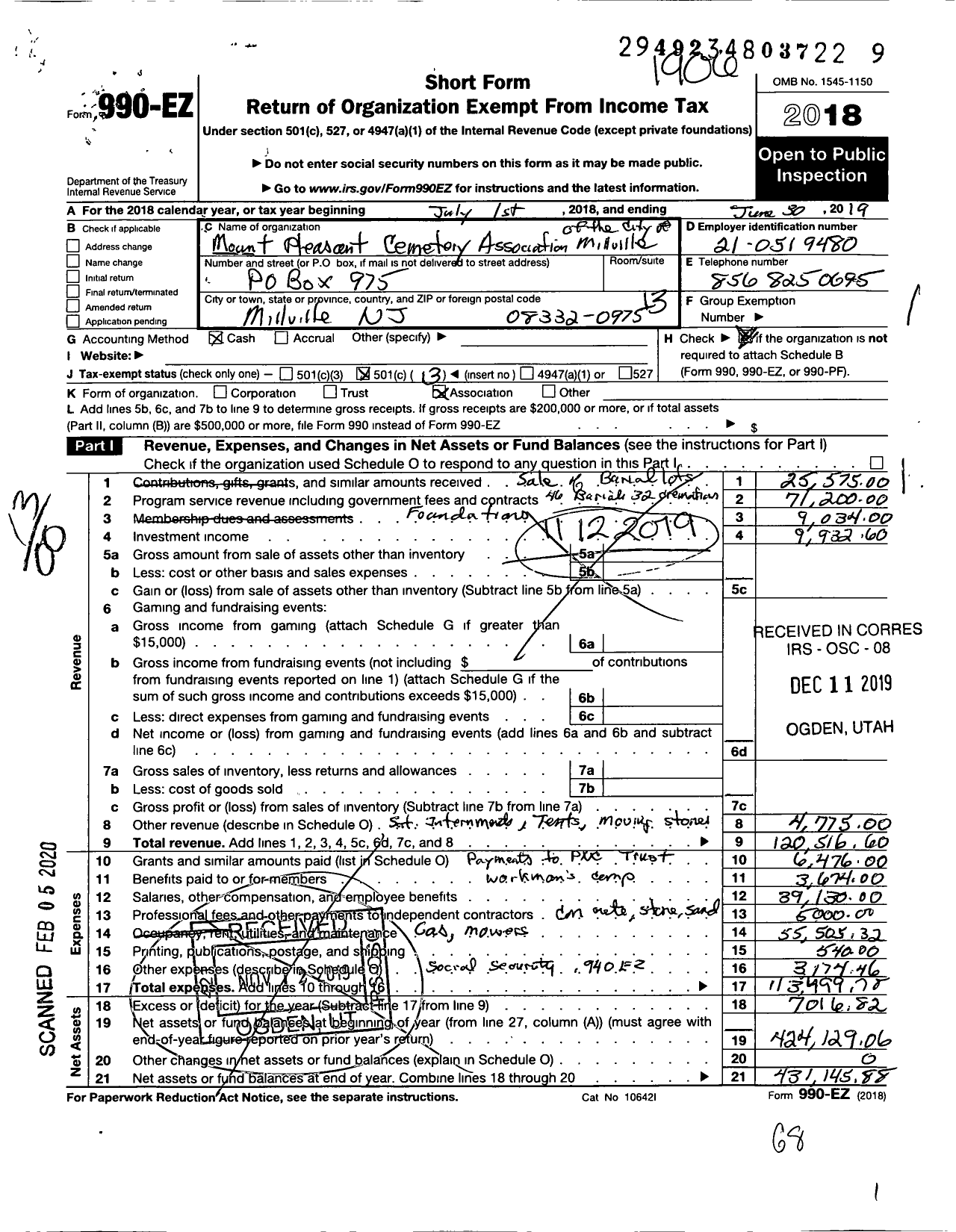 Image of first page of 2018 Form 990EO for Mount Pleasant Cemetery Association of the City of Millville