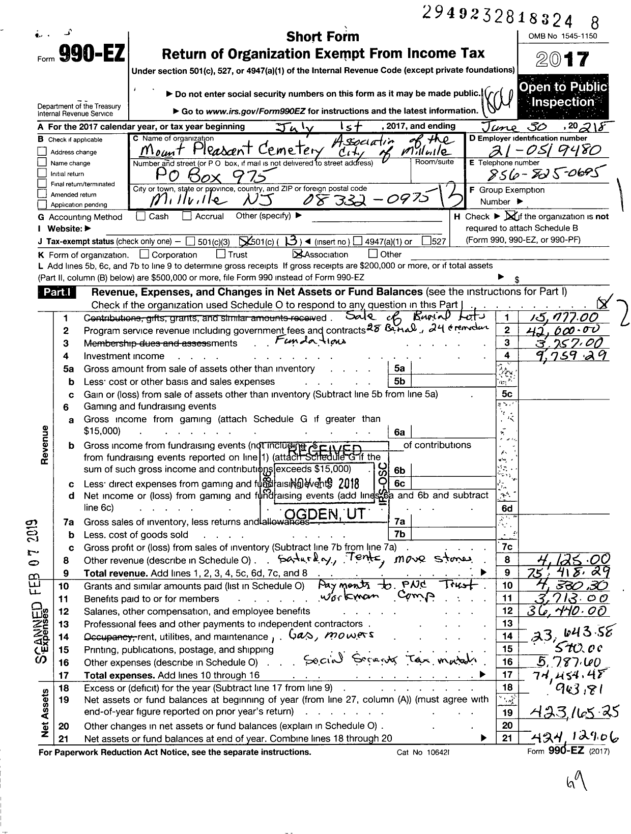 Image of first page of 2017 Form 990EO for Mount Pleasant Cemetery Association of the City of Millville