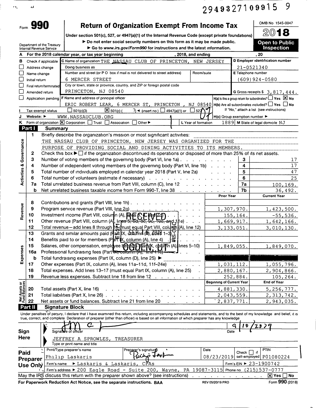 Image of first page of 2018 Form 990O for The Nassau Club of Princeton New Jersey