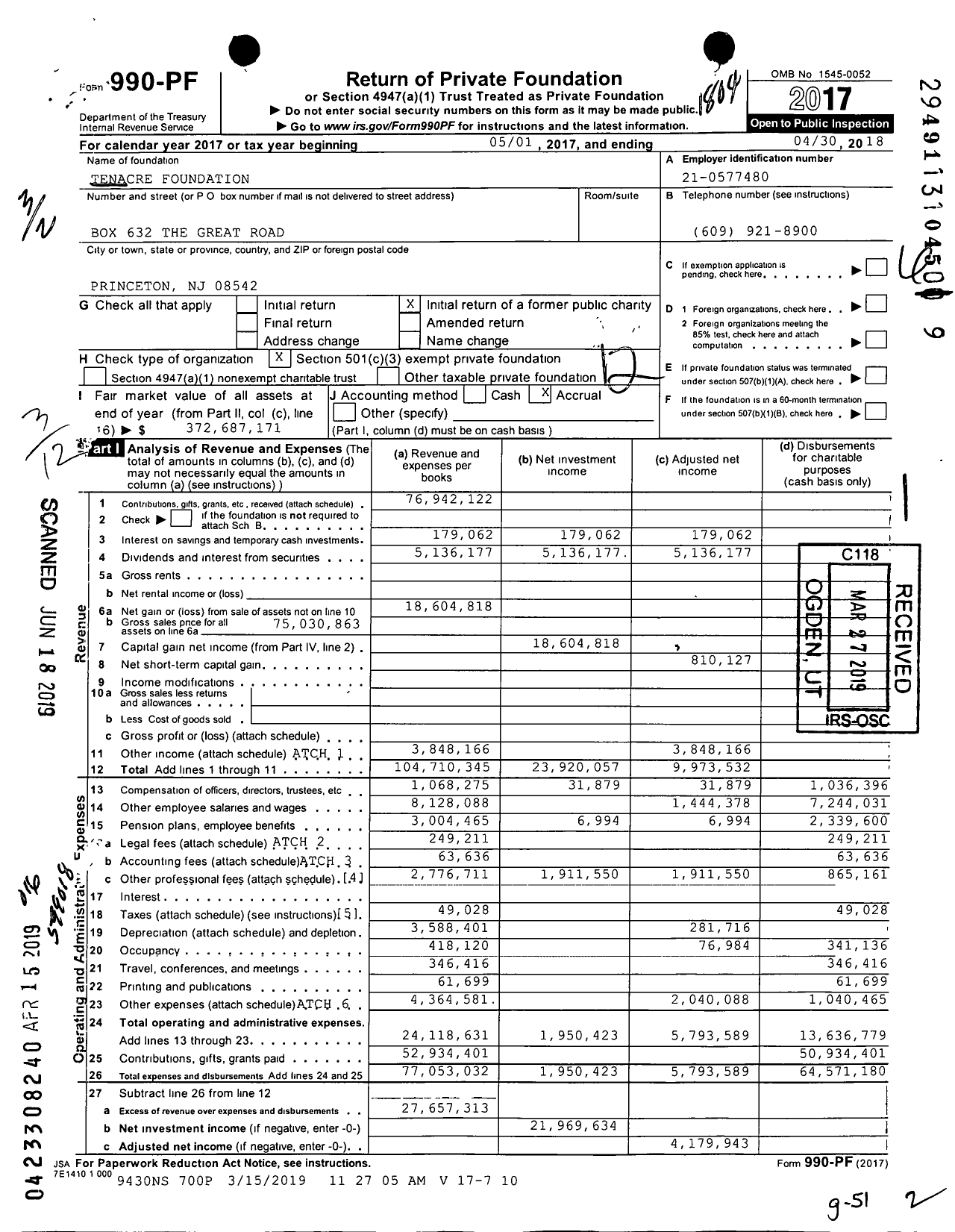 Image of first page of 2017 Form 990PF for Tenacre