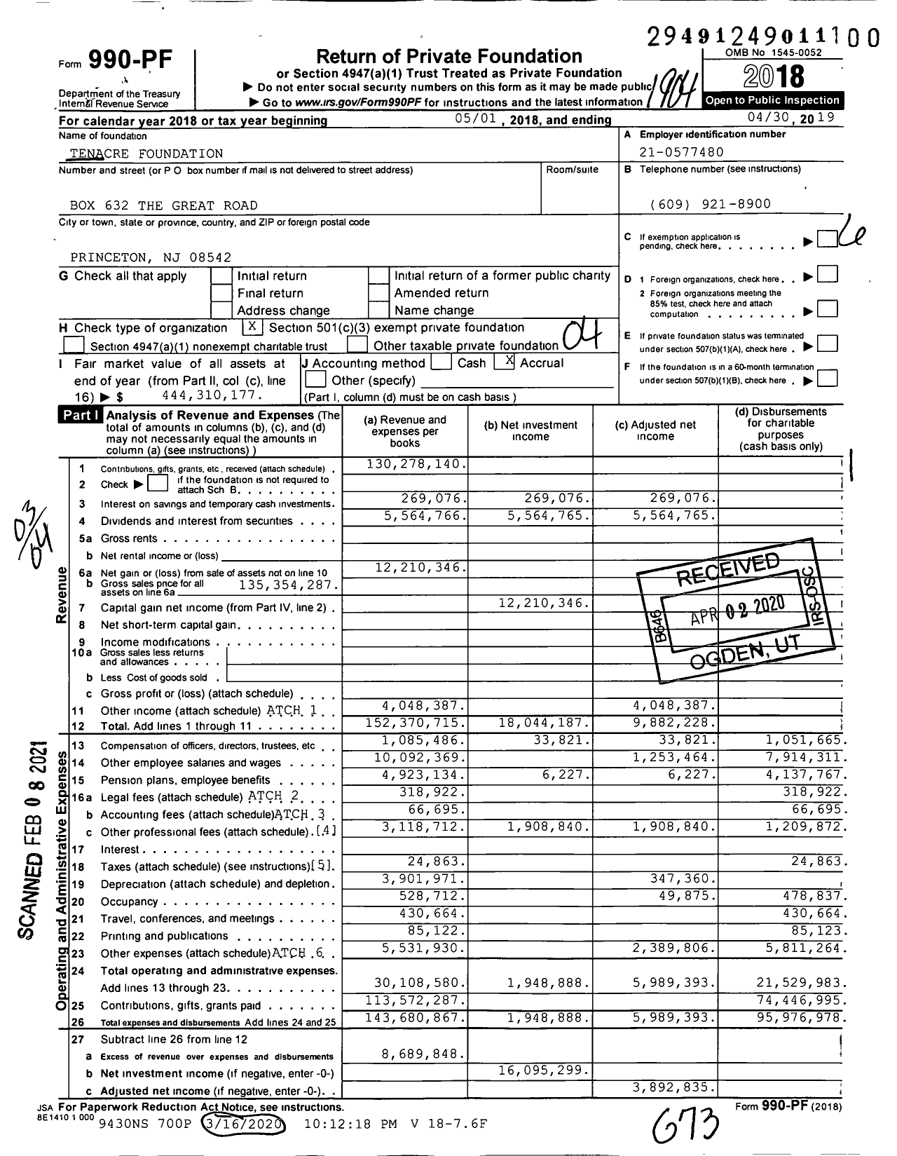 Image of first page of 2018 Form 990PF for Tenacre