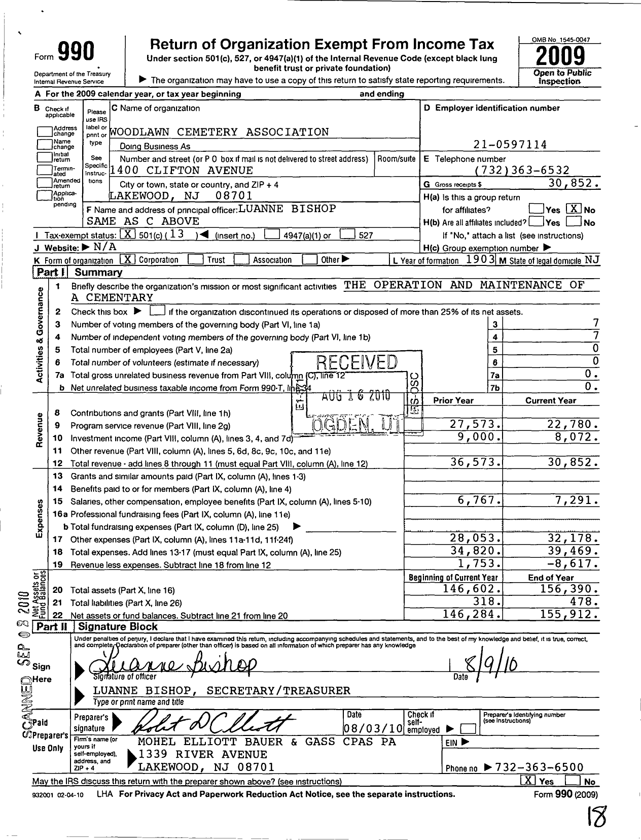 Image of first page of 2009 Form 990O for Woodlawn Cemetery Association