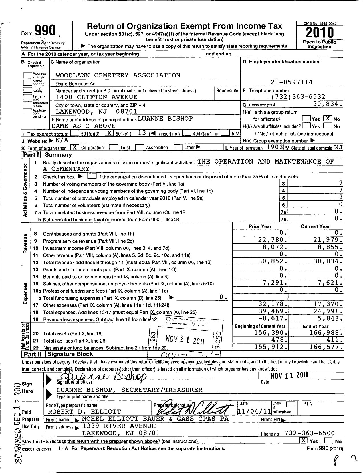 Image of first page of 2010 Form 990O for Woodlawn Cemetery Association