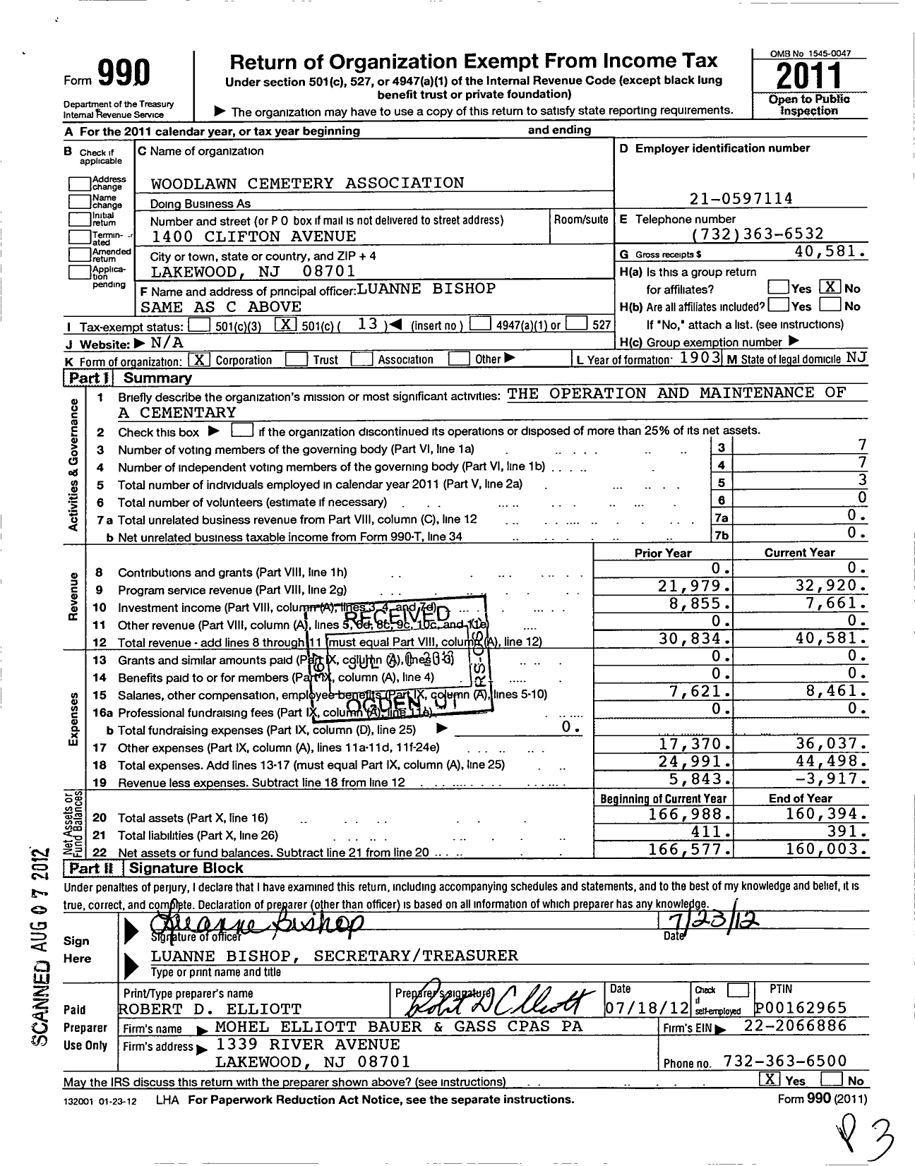 Image of first page of 2011 Form 990O for Woodlawn Cemetery Association