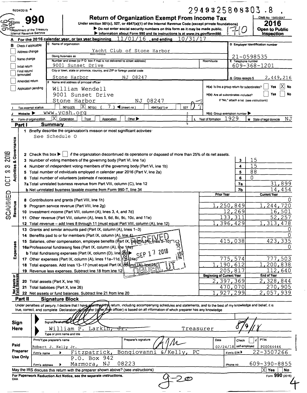 Image of first page of 2016 Form 990O for Yacht Club of Stone Harbor
