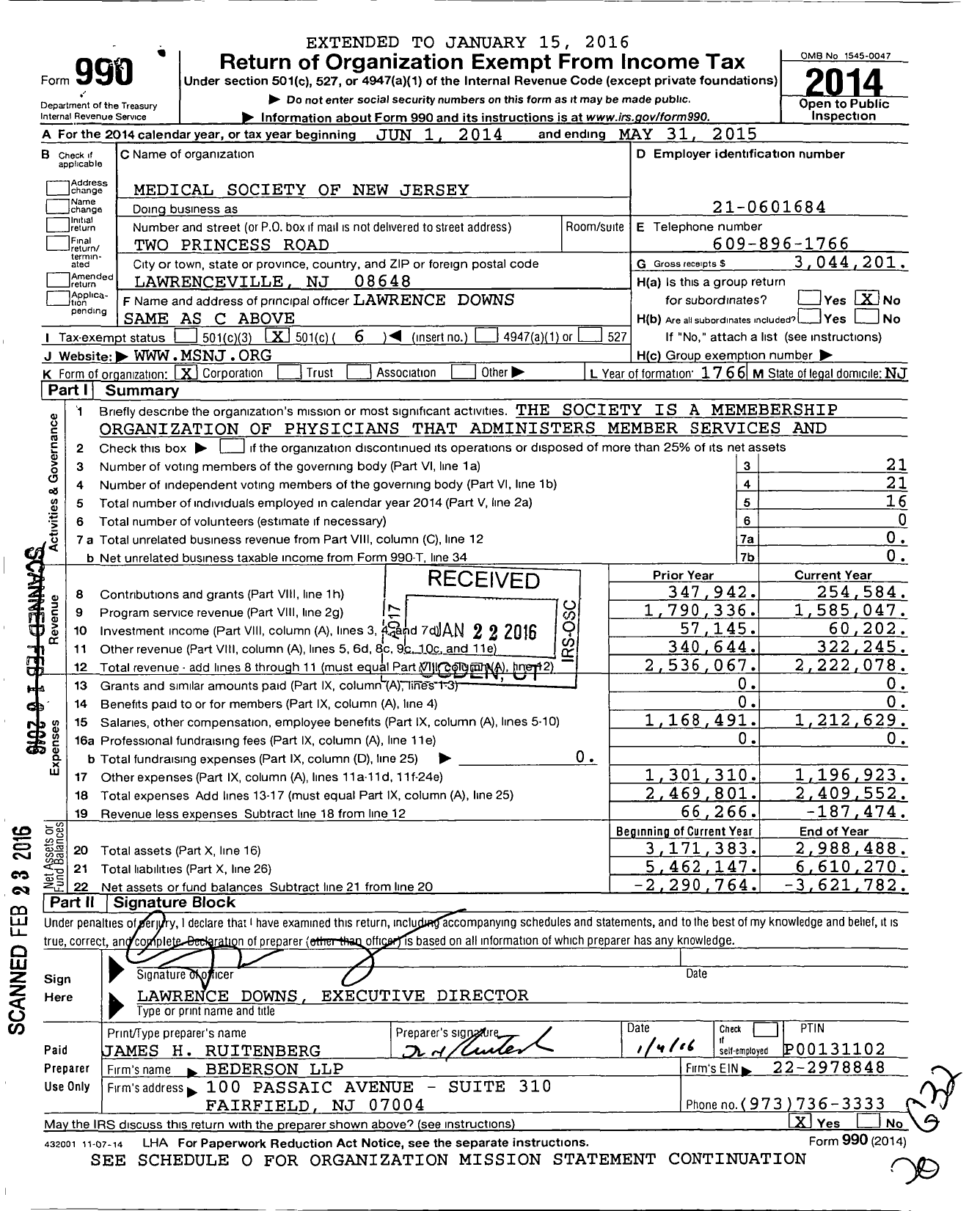 Image of first page of 2014 Form 990O for Medical Society of New Jersey (MSNJ)