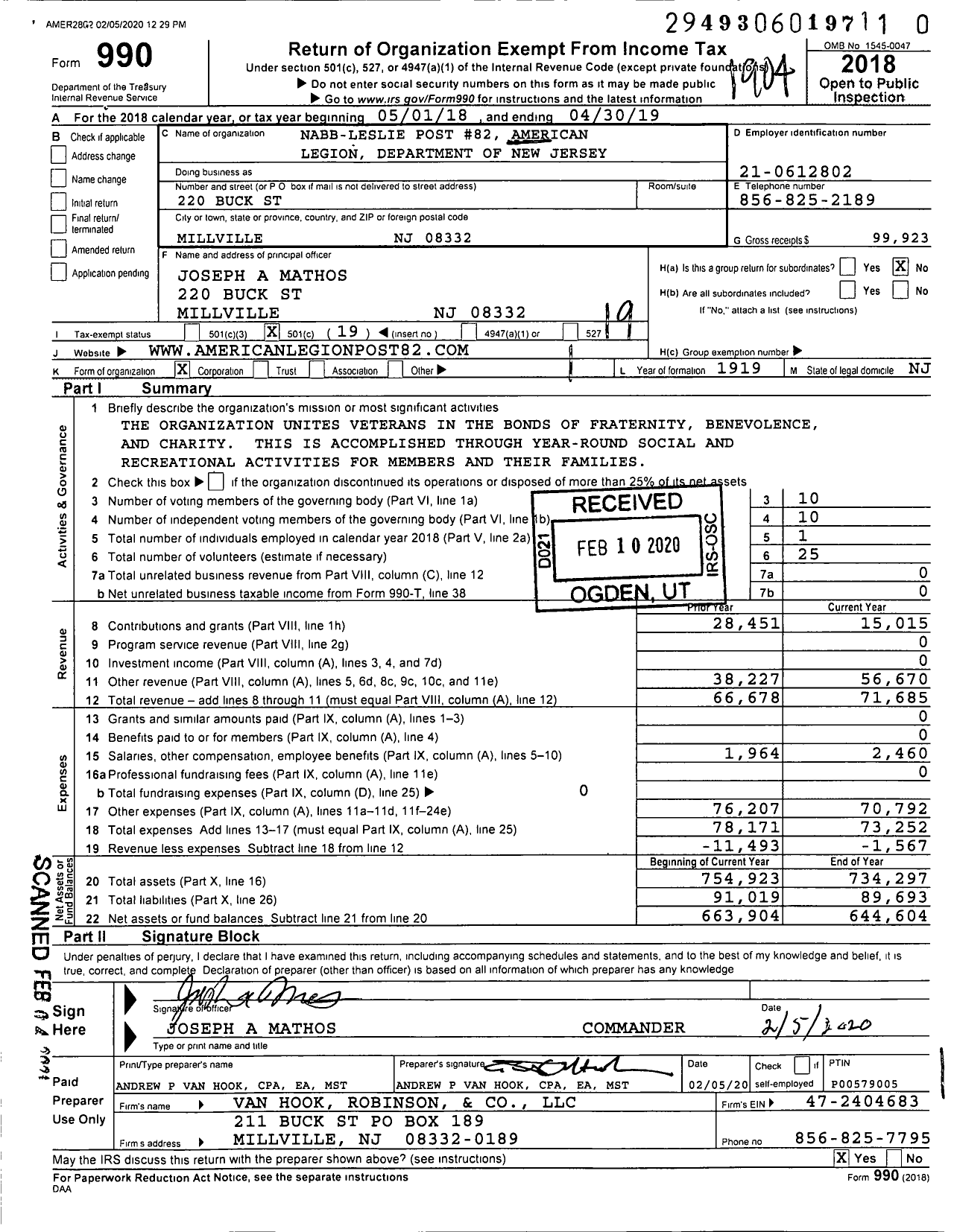 Image of first page of 2018 Form 990O for American Legion - 82 Post Nabb Leslie