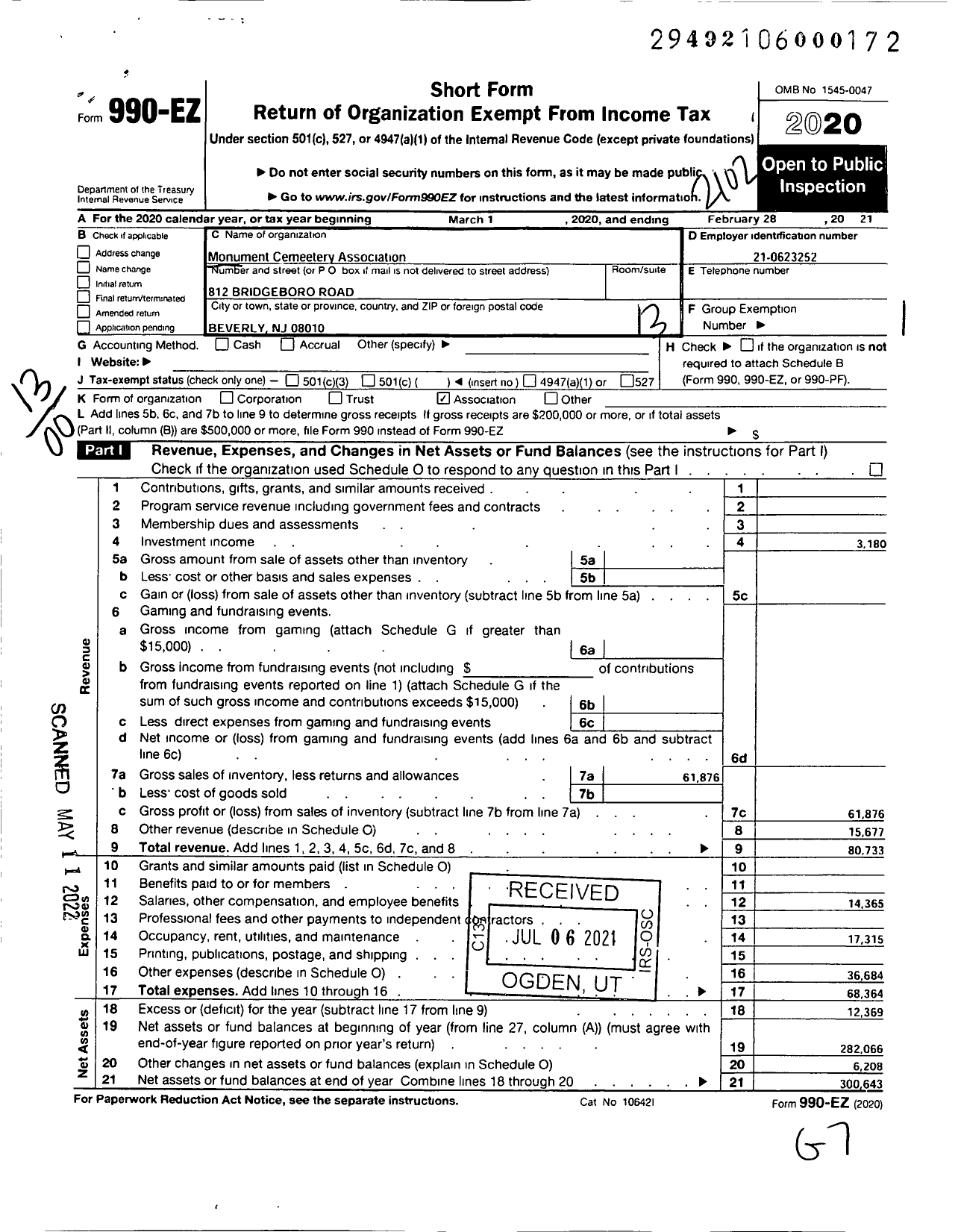 Image of first page of 2020 Form 990EO for Monument Cemetery Association