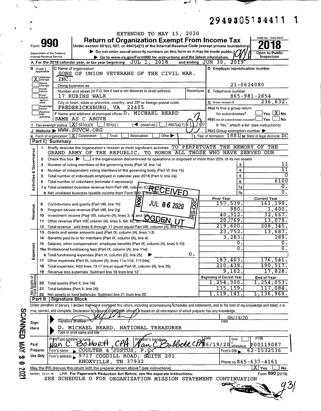 Image of first page of 2018 Form 990 for Sons of Union Veterans of the Civil War - National Organization