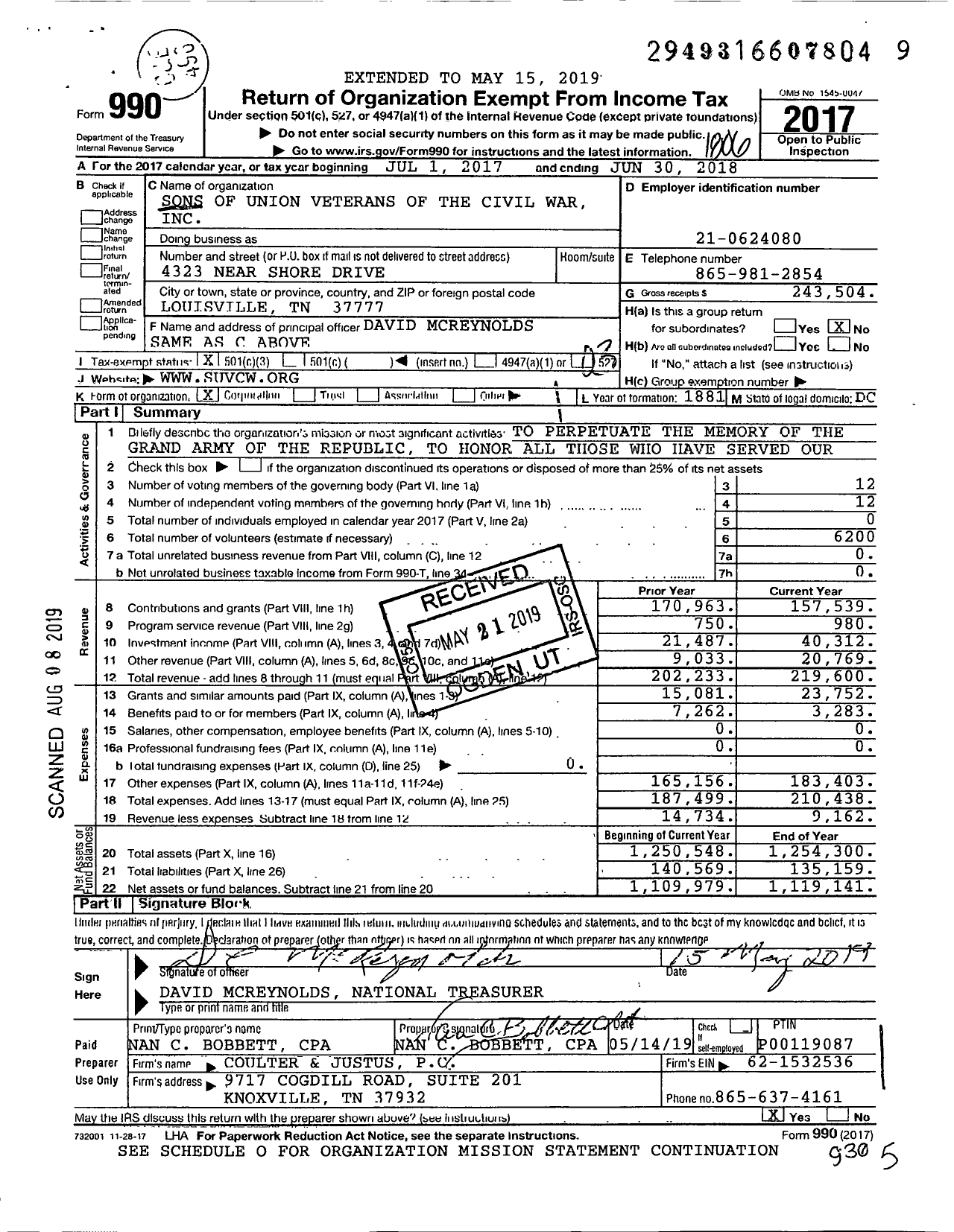 Image of first page of 2017 Form 990 for Sons of Union Veterans of the Civil War - National Organization