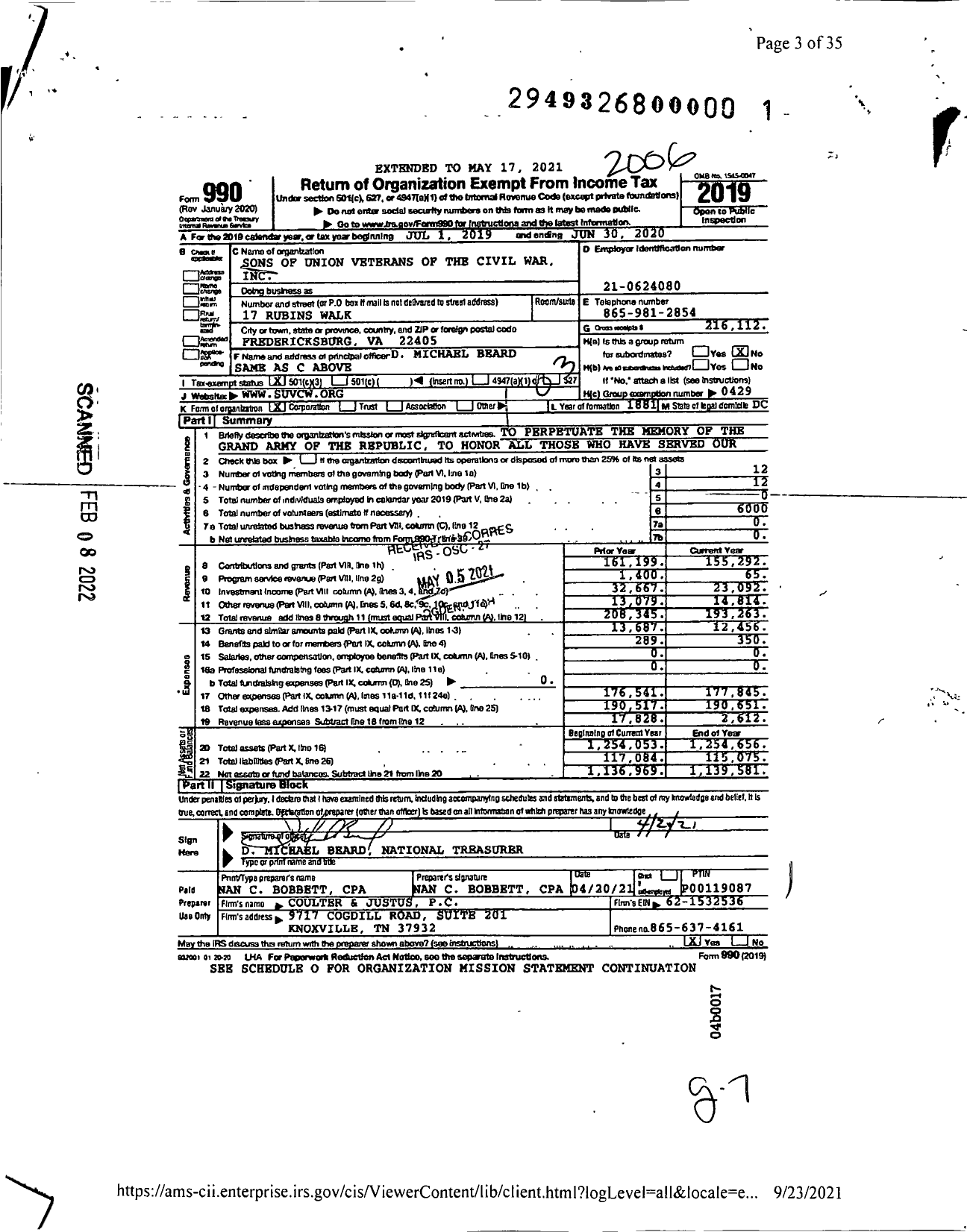 Image of first page of 2019 Form 990 for Sons of Union Veterans of the Civil War - National Organization