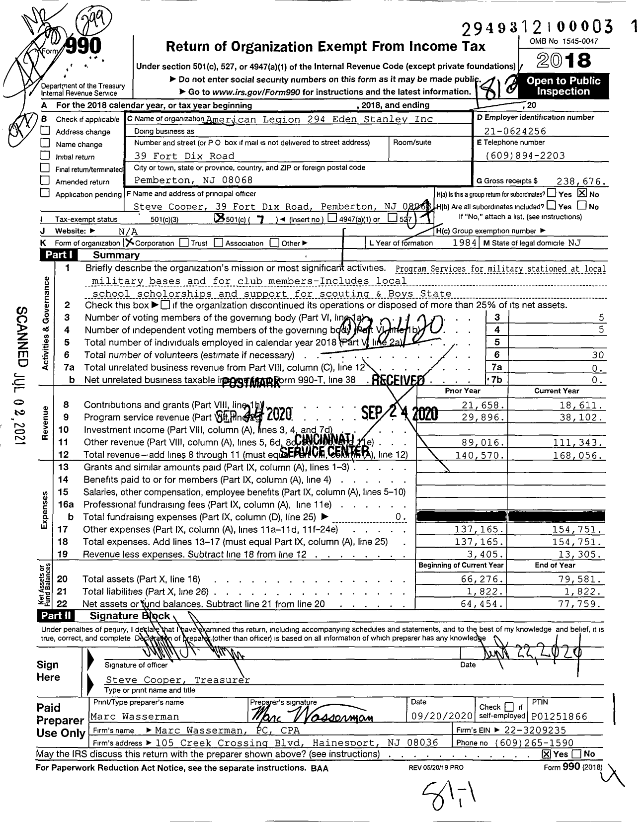 Image of first page of 2018 Form 990O for Eden-Stanley Post No 294 of the American Legion