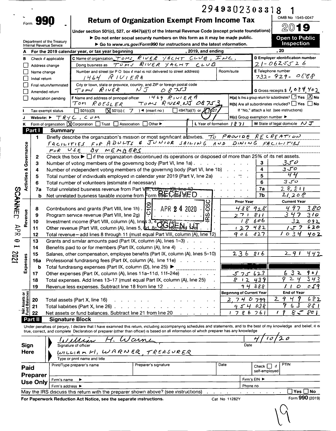 Image of first page of 2019 Form 990O for Toms River Yacht Club