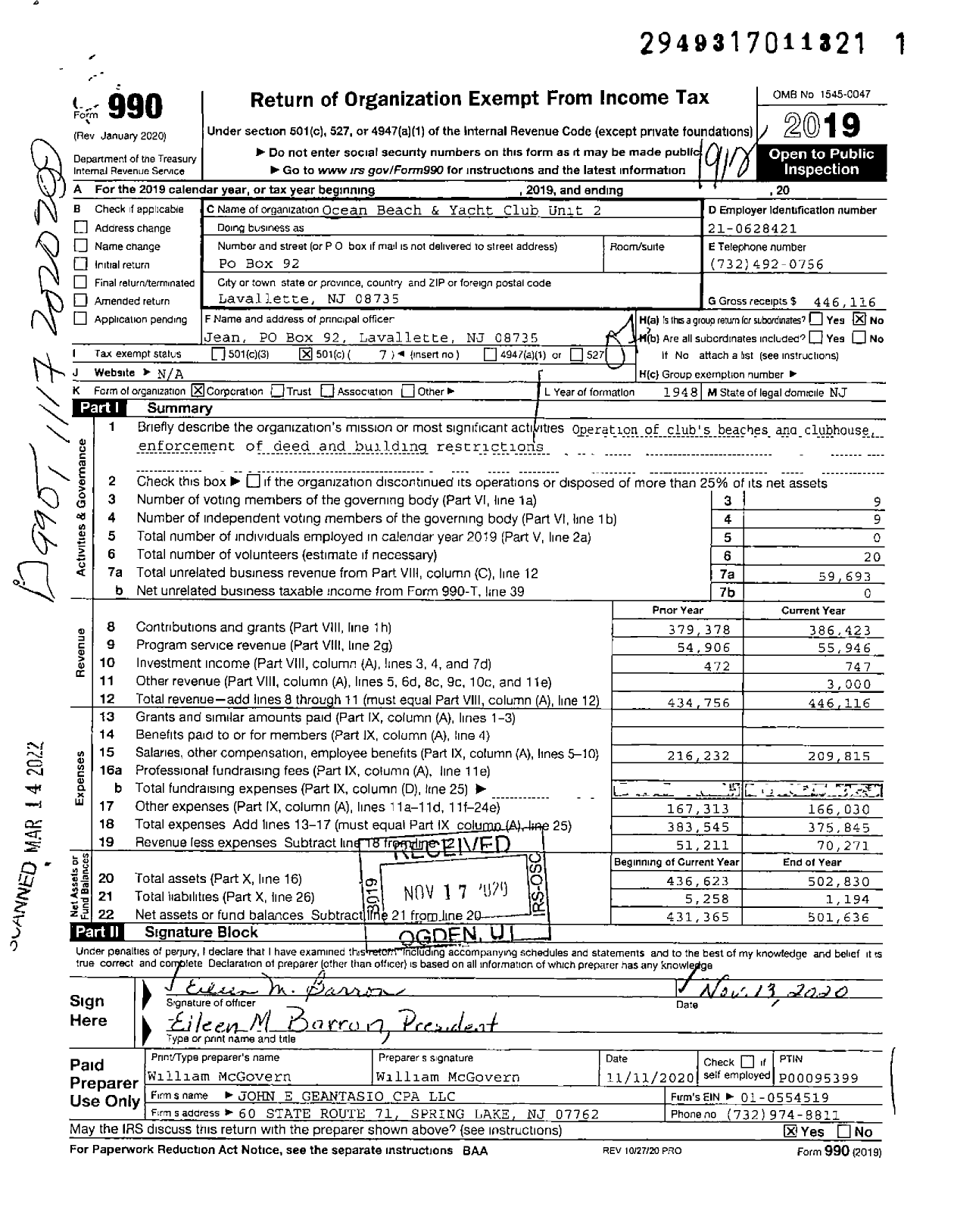 Image of first page of 2019 Form 990O for Ocean Beach and Yacht Club Unit 2