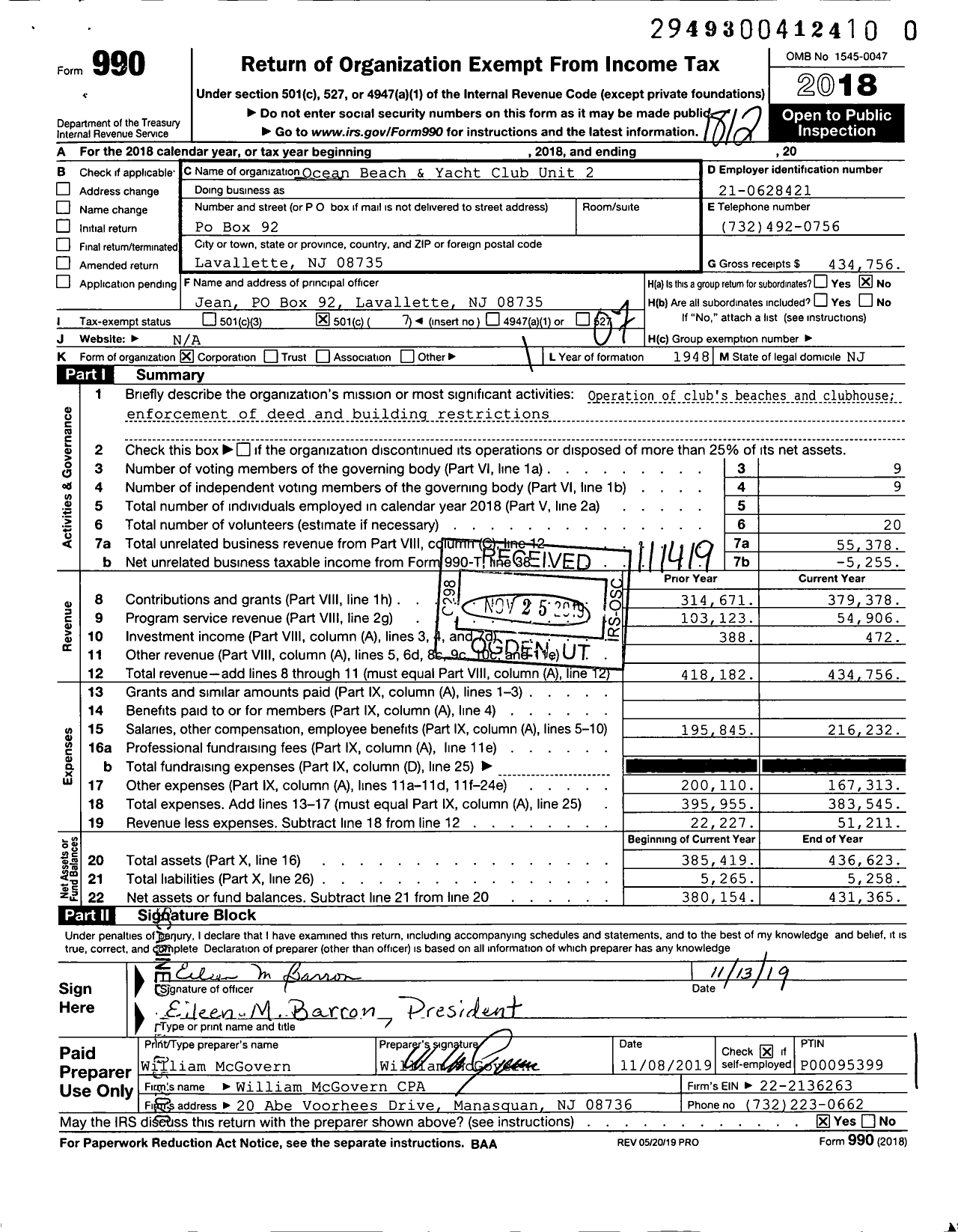Image of first page of 2018 Form 990O for Ocean Beach and Yacht Club Unit 2