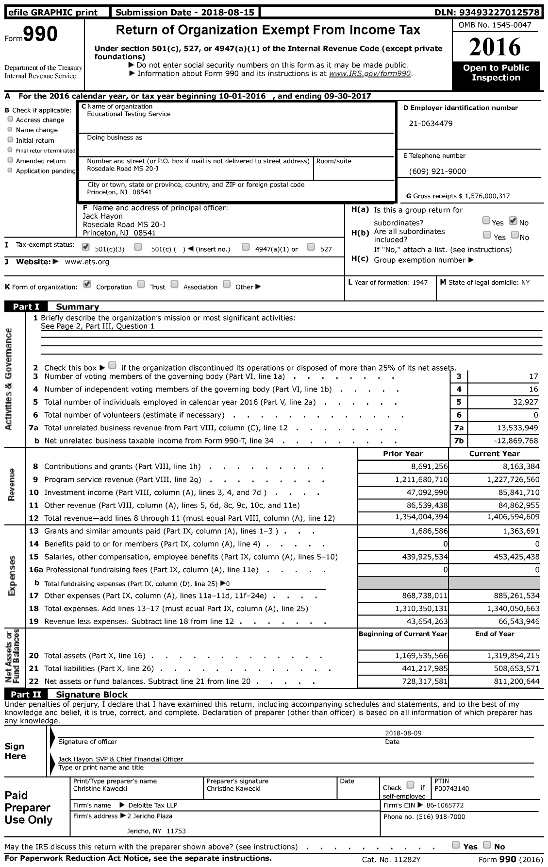 Image of first page of 2016 Form 990 for Educational Testing Service (ETS)
