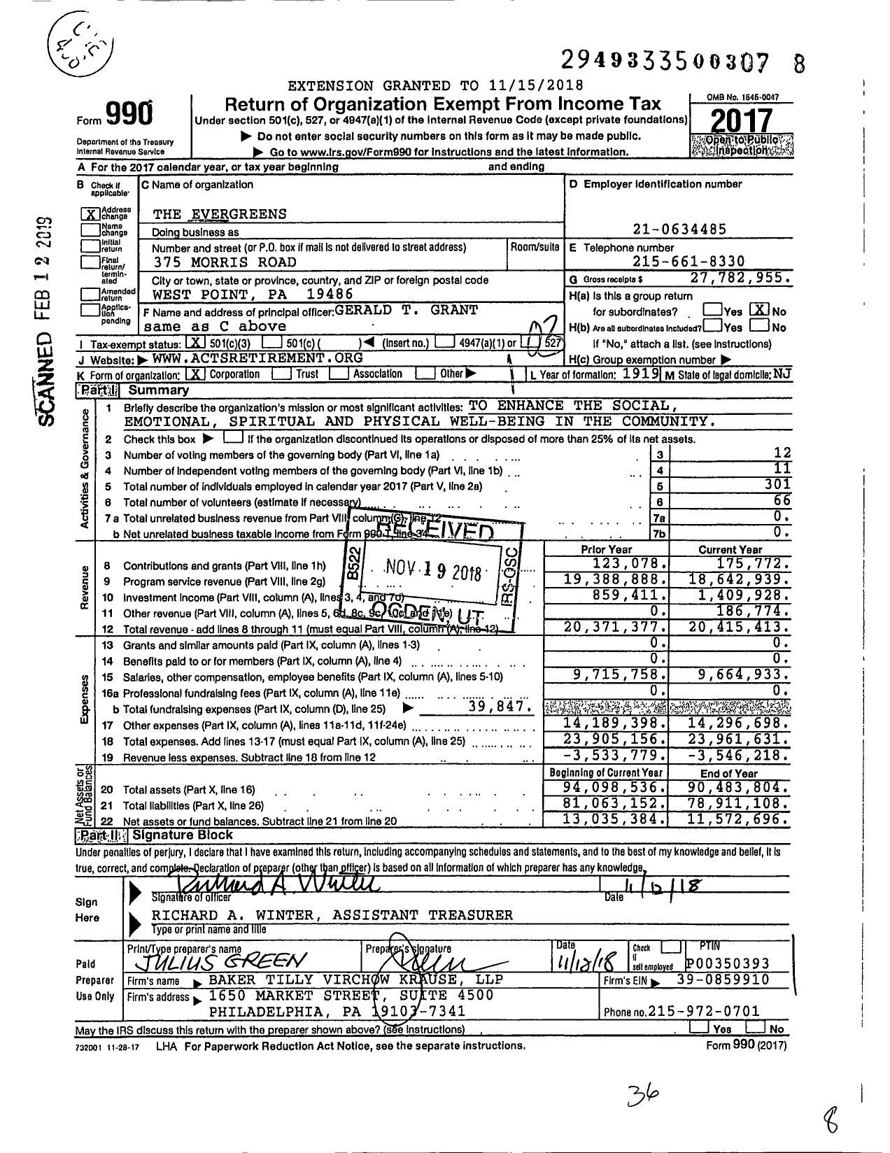 Image of first page of 2017 Form 990 for The Evergreens