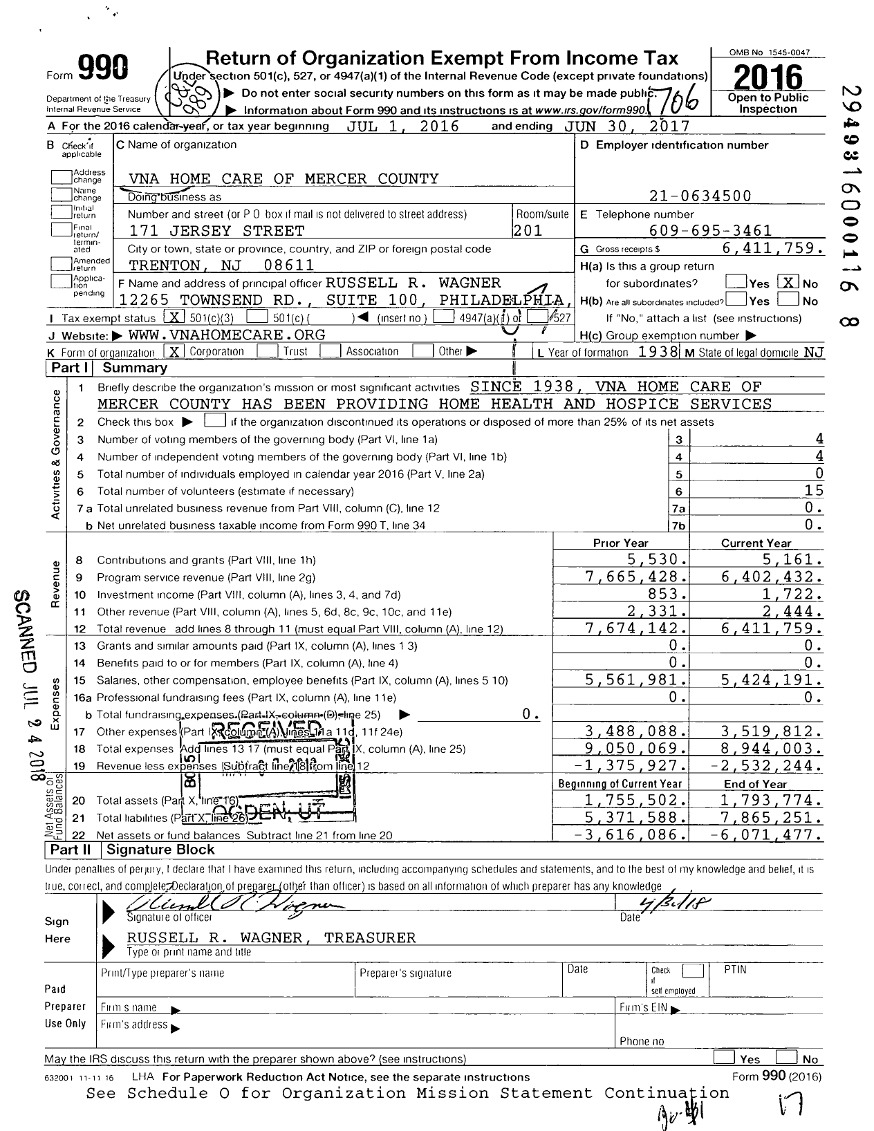 Image of first page of 2016 Form 990 for Vna Home Care of Mercer County