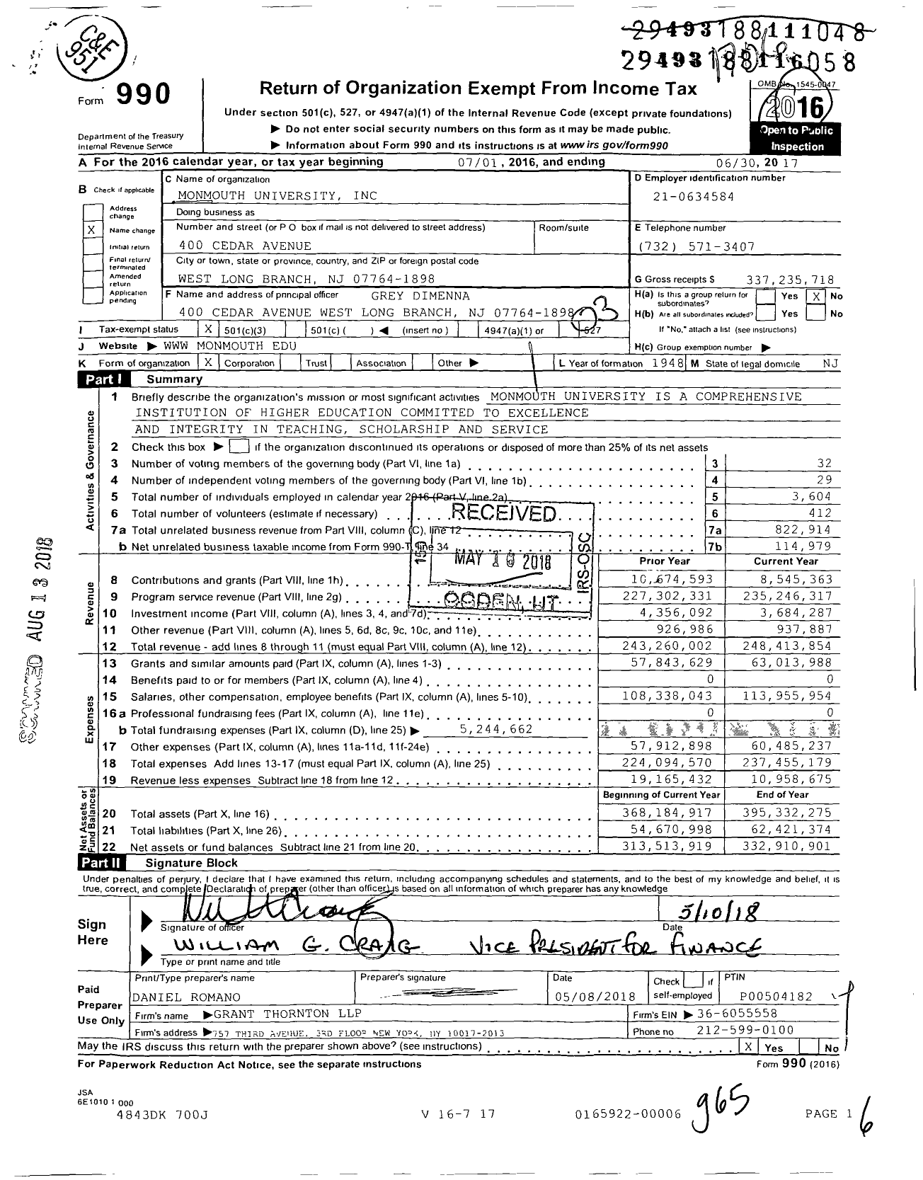 Image of first page of 2016 Form 990 for Monmouth University