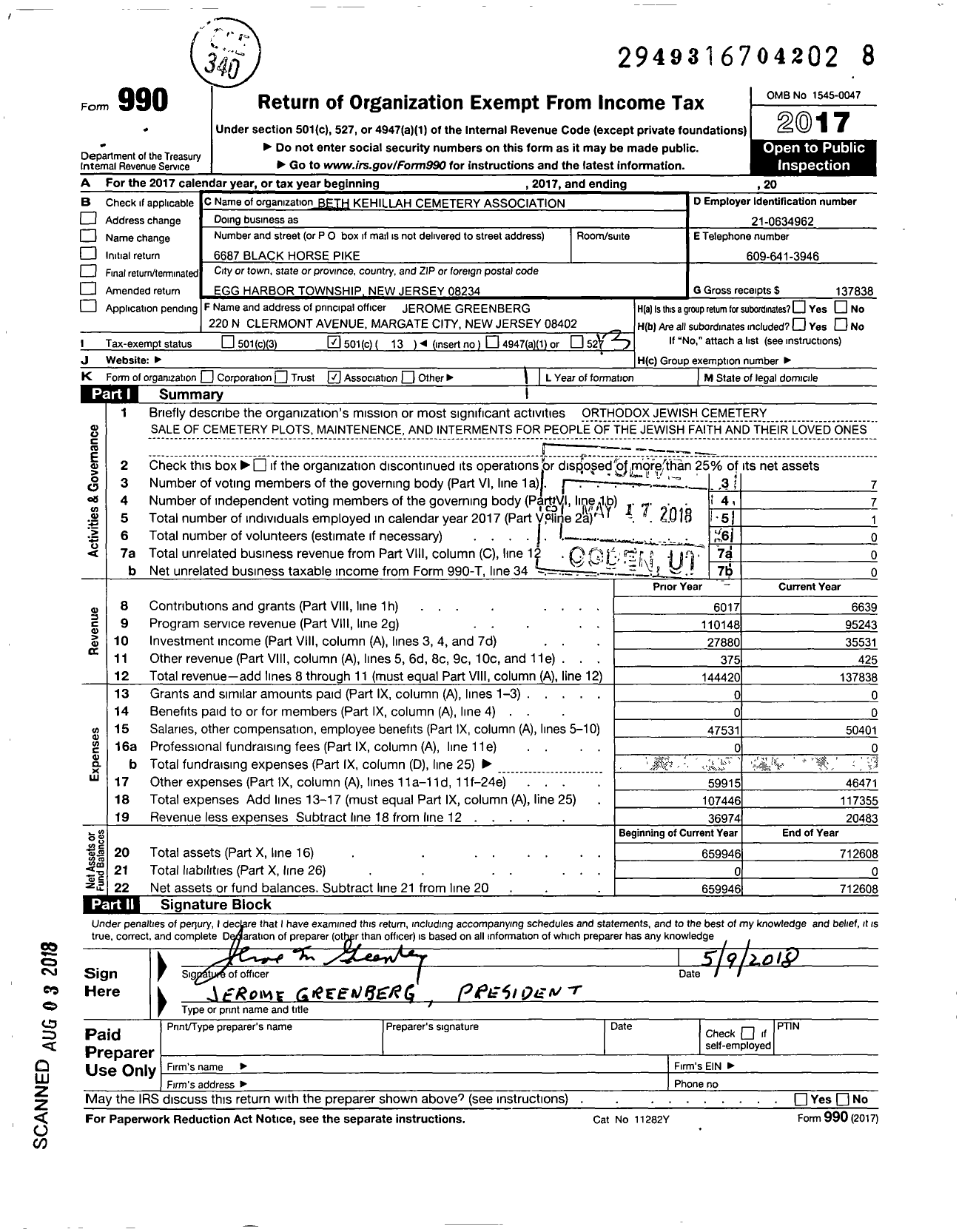 Image of first page of 2017 Form 990O for Beth Kehillah Cemetery Association