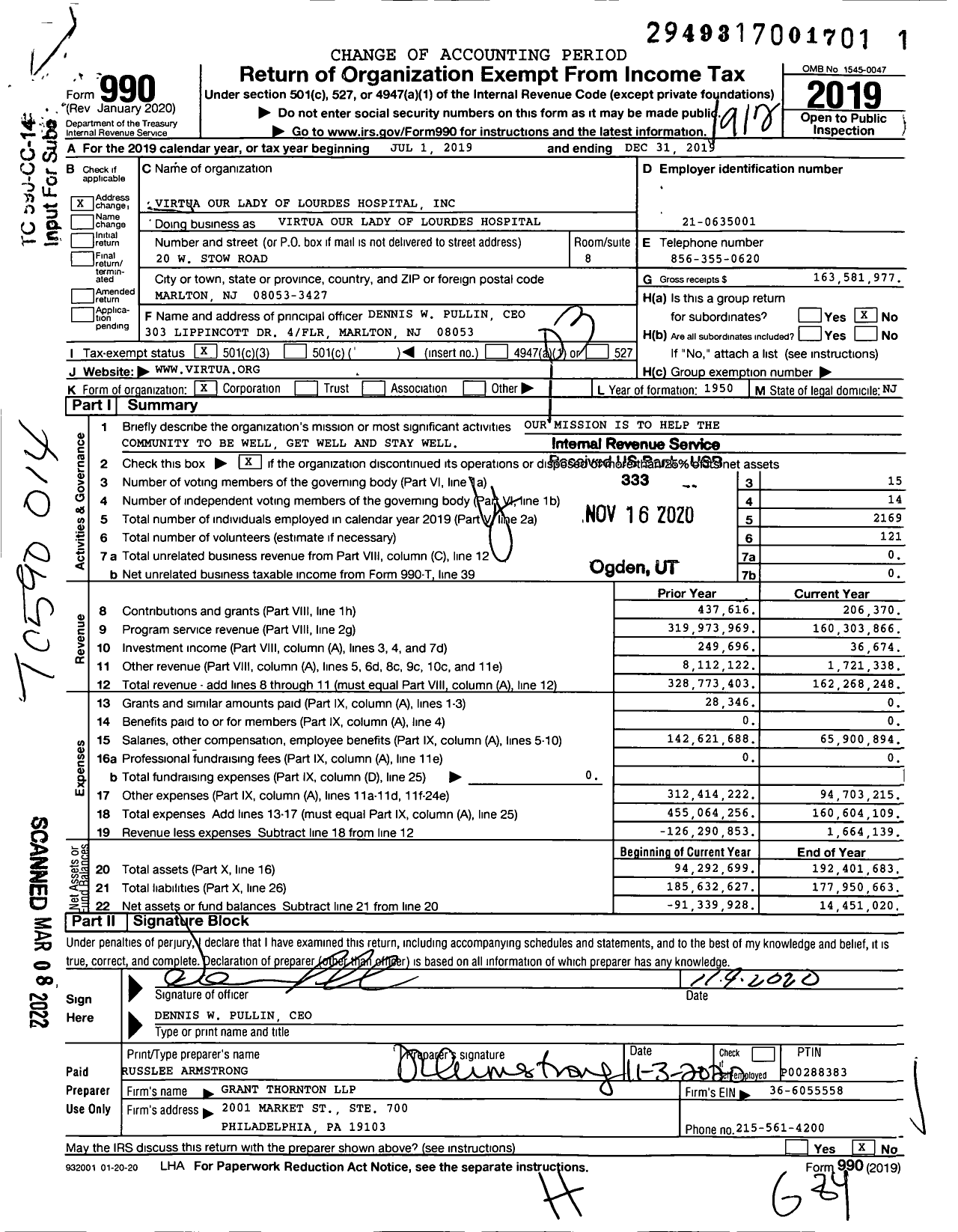 Image of first page of 2019 Form 990 for Virtua Our Lady of Lourdes Hospital