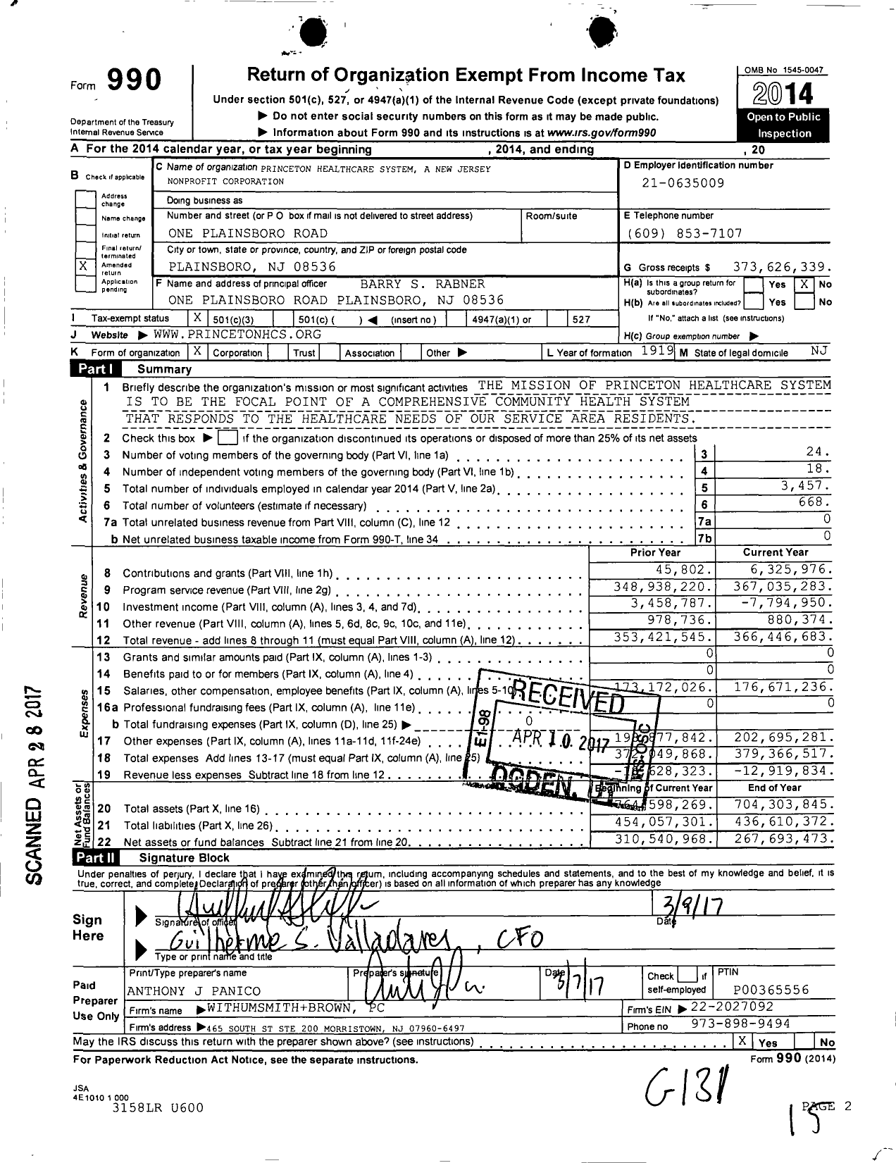 Image of first page of 2014 Form 990 for Princeton Health