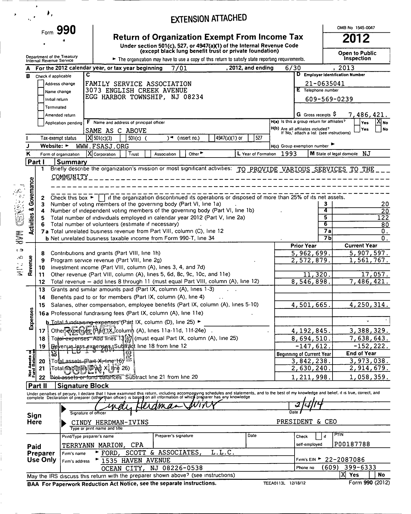 Image of first page of 2012 Form 990 for Family Service Association (FSA)