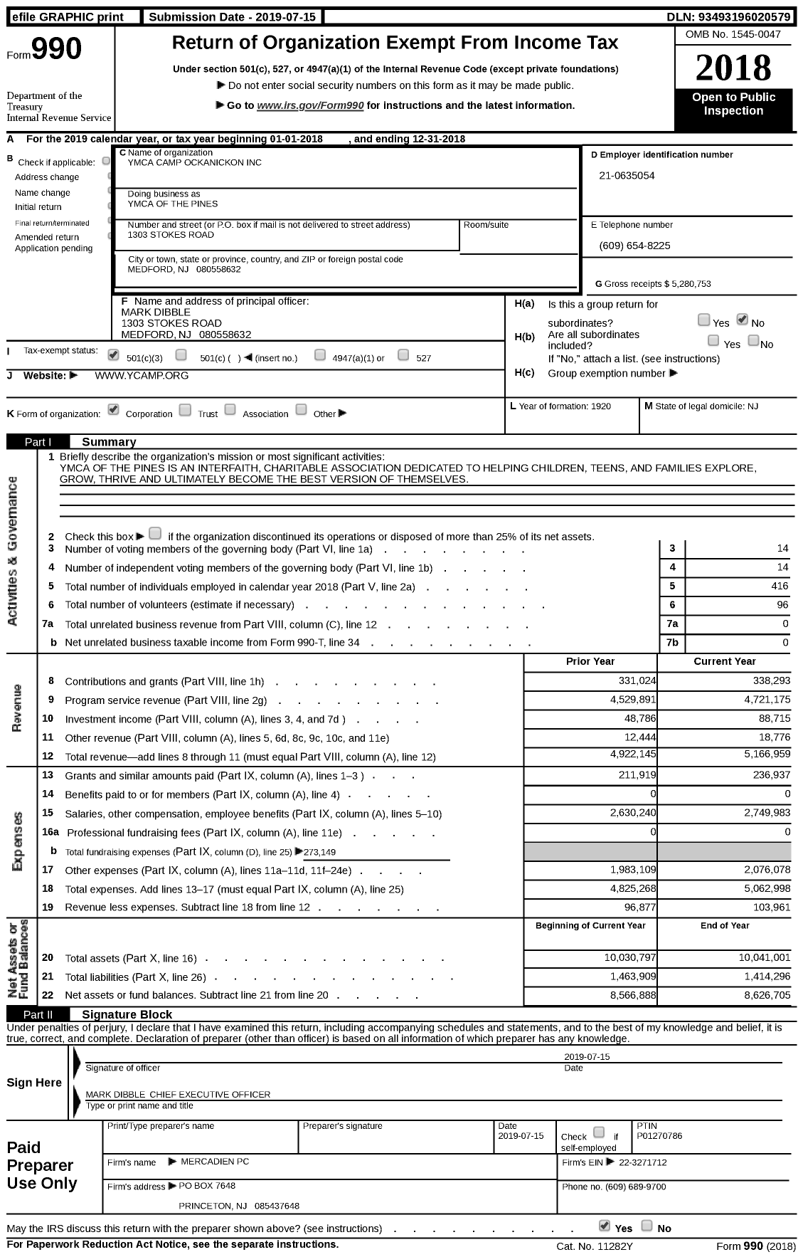 Image of first page of 2018 Form 990 for YMCA of the Pines