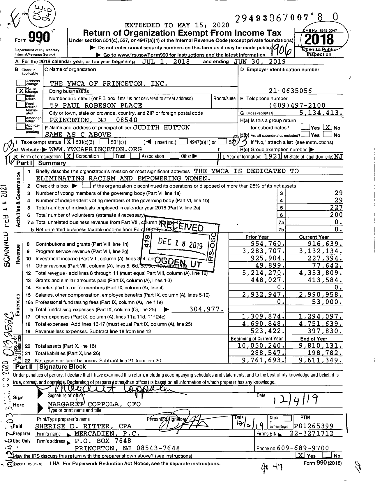 Image of first page of 2018 Form 990 for The Ywca Princeton