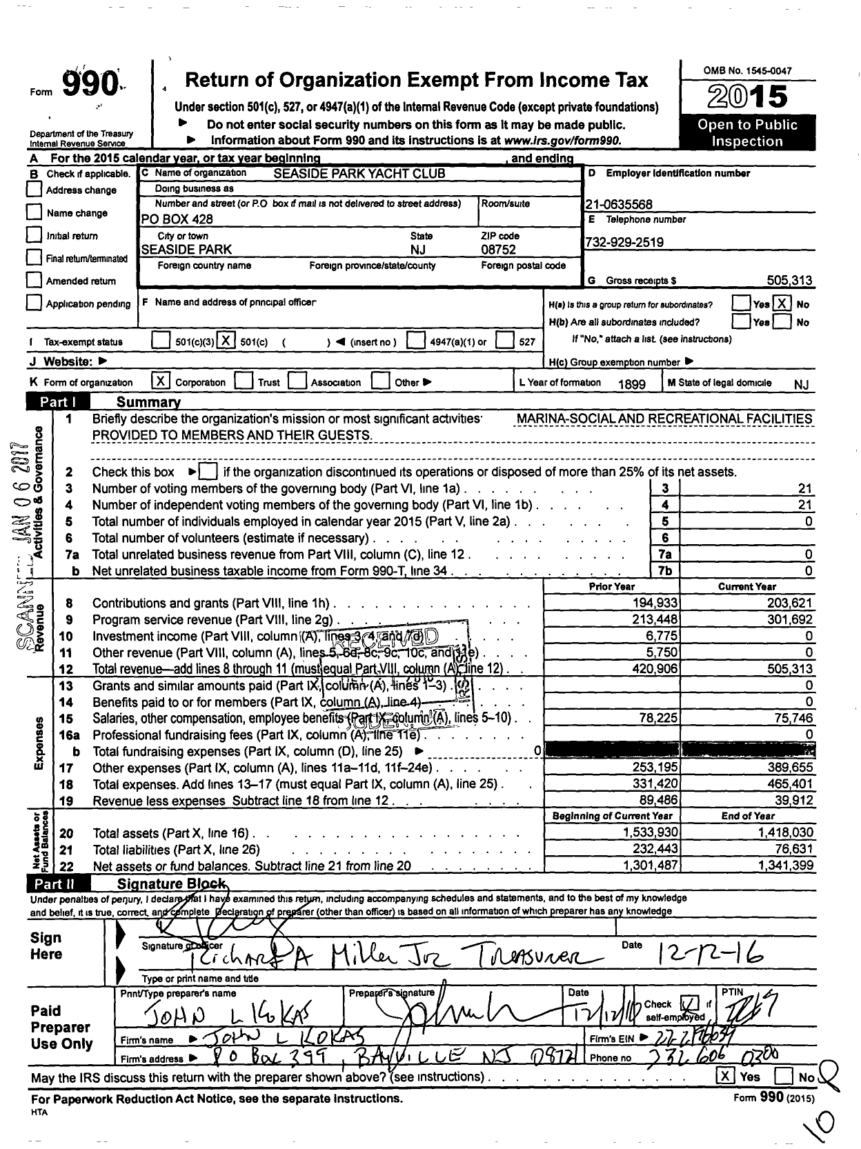 Image of first page of 2015 Form 990O for Seaside Park Yacht Club