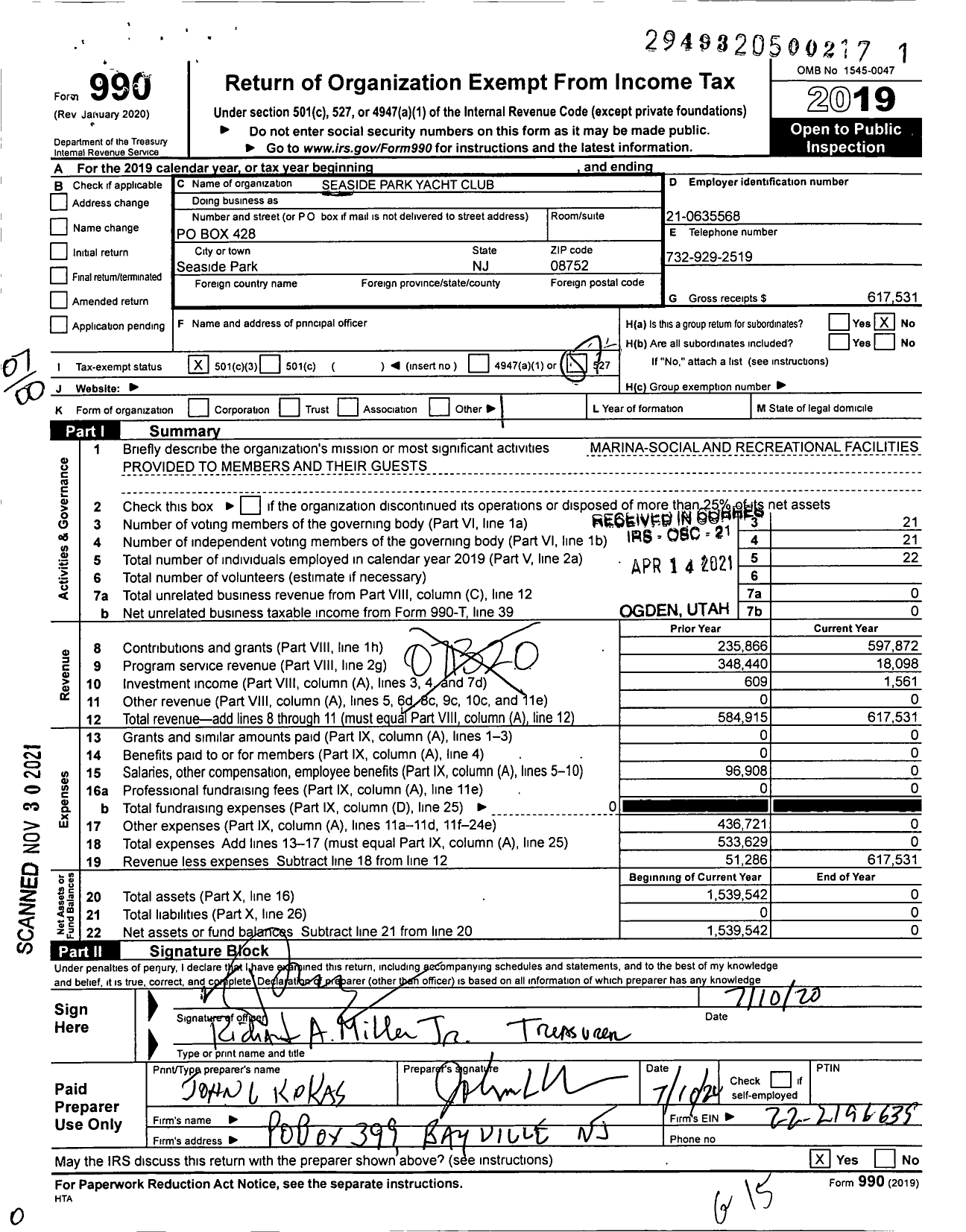 Image of first page of 2019 Form 990O for Seaside Park Yacht Club