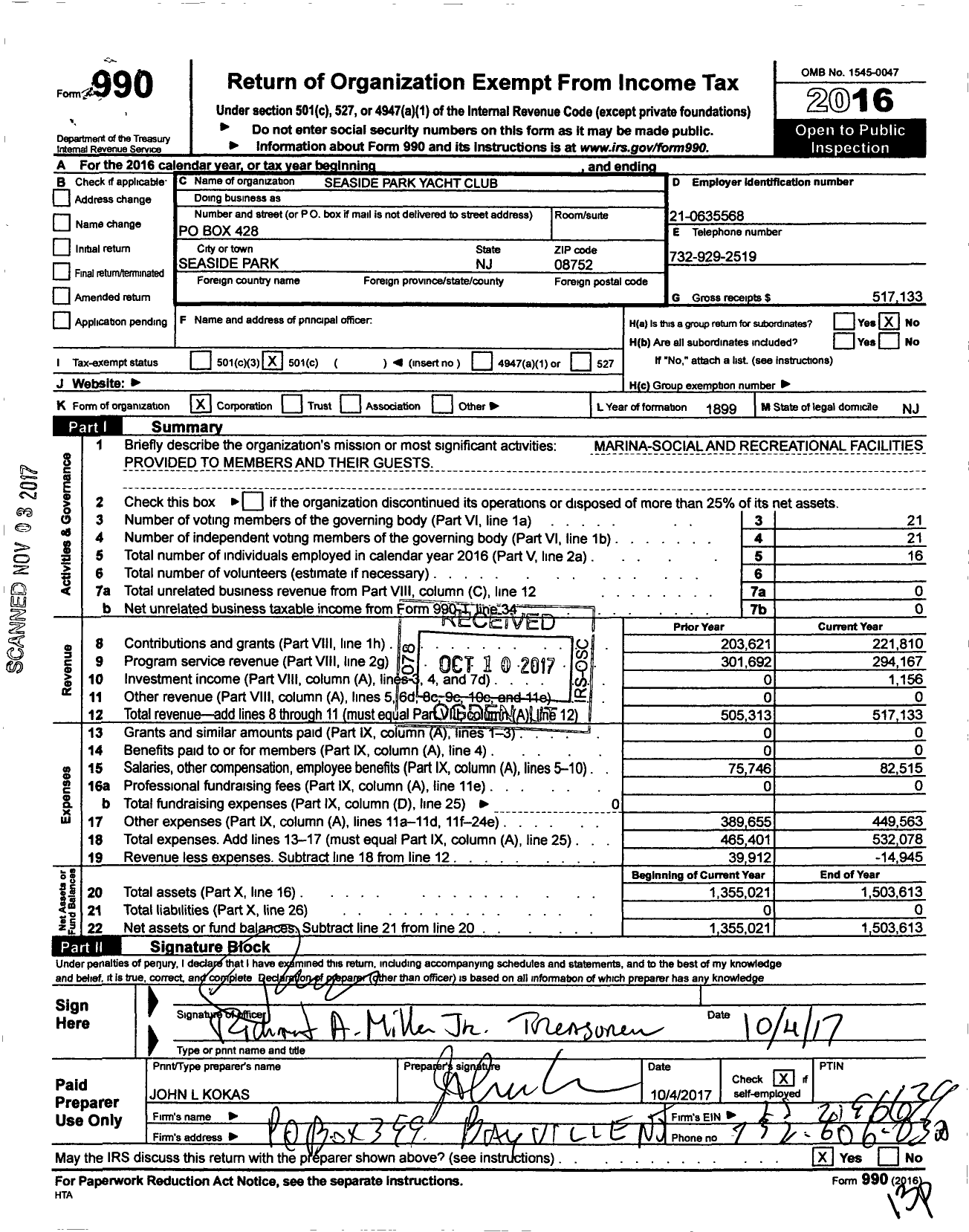 Image of first page of 2016 Form 990O for Seaside Park Yacht Club