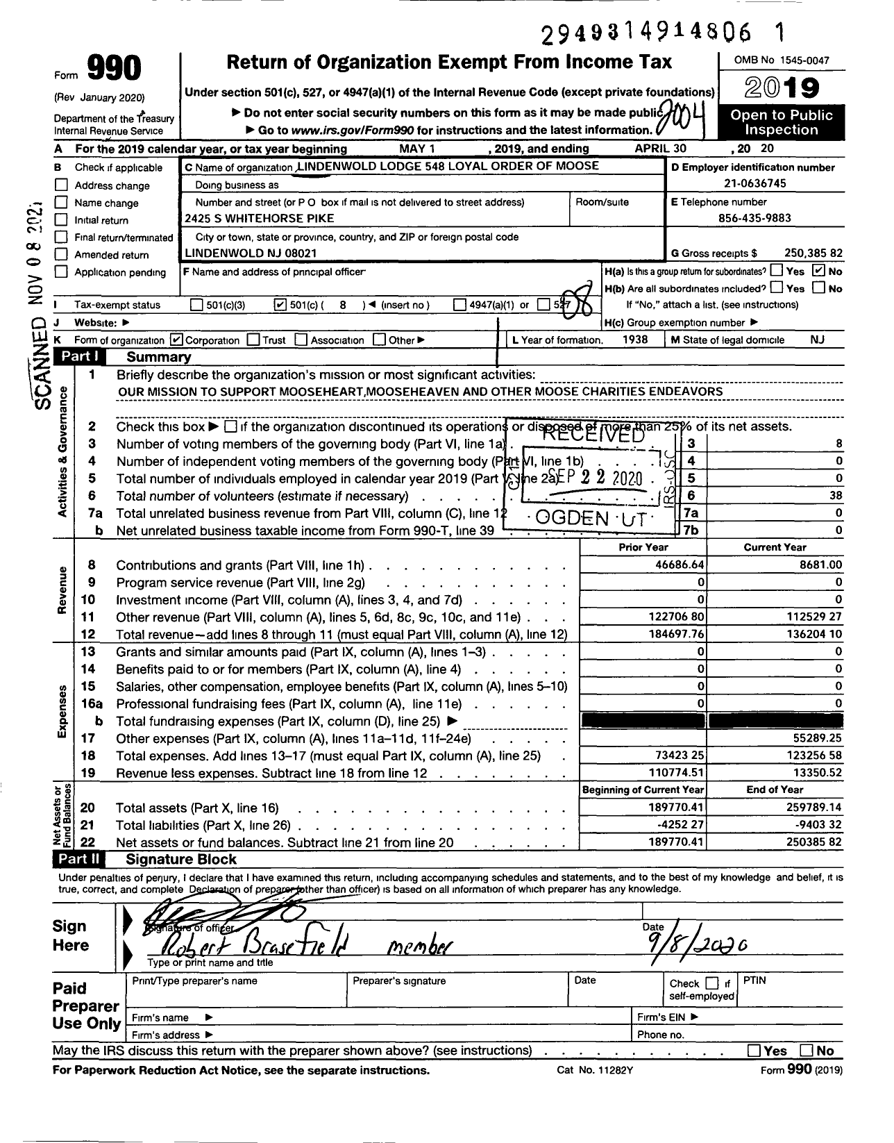 Image of first page of 2019 Form 990O for Loyal Order of Moose - 548