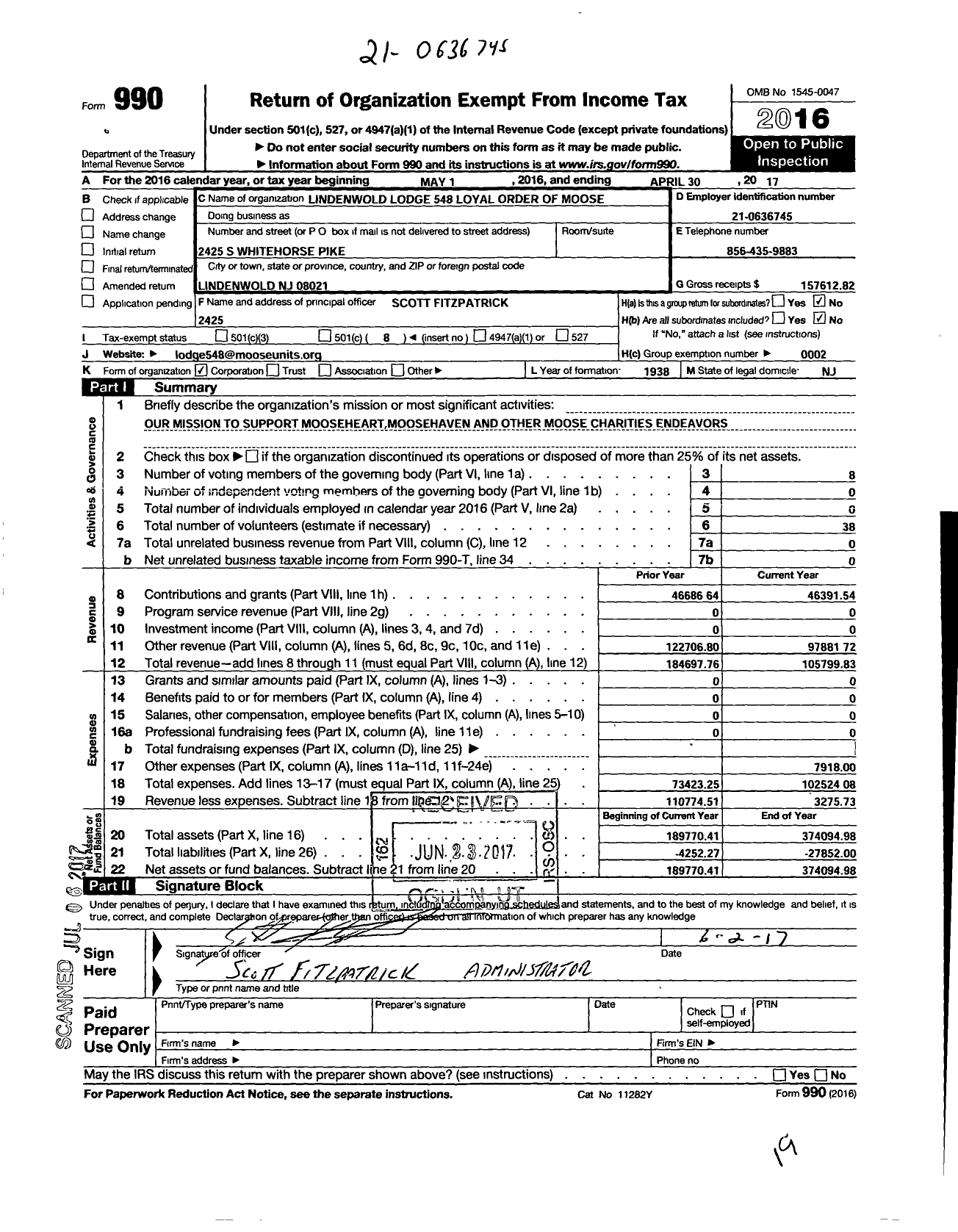 Image of first page of 2016 Form 990O for Loyal Order of Moose - 548