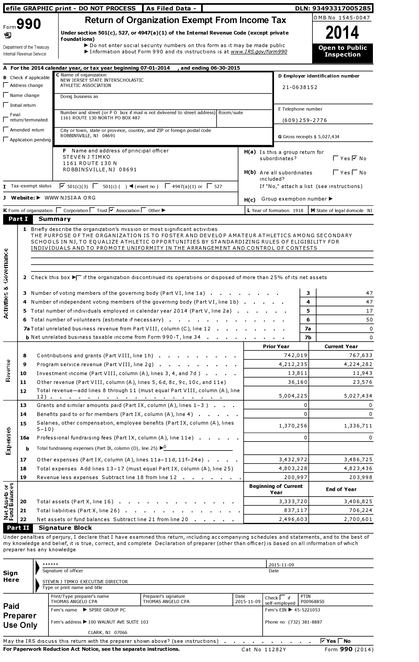 Image of first page of 2014 Form 990 for New Jersey State Interscholastic Athletic Association