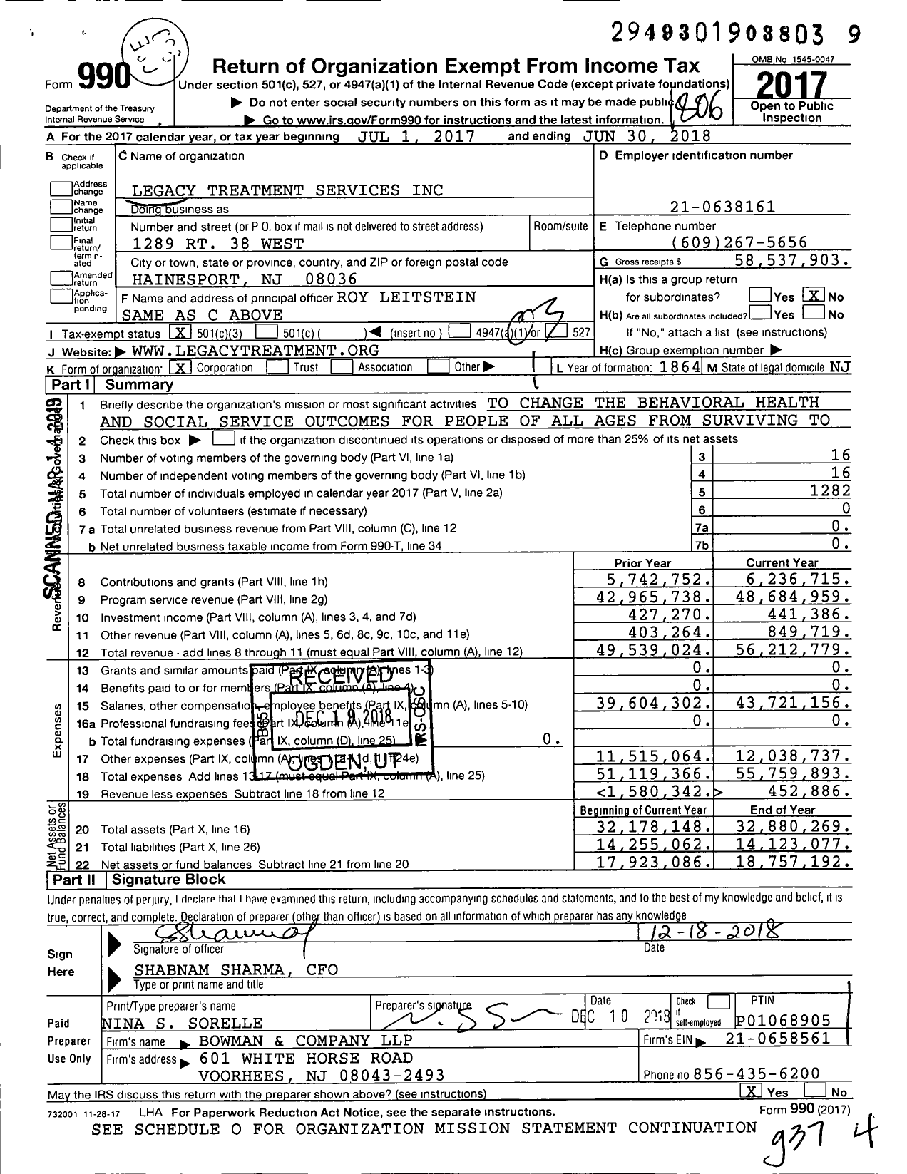 Image of first page of 2017 Form 990 for Legacy Treatment Services