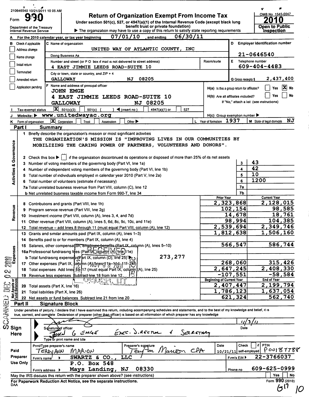 Image of first page of 2010 Form 990 for United Way of Atlantic County