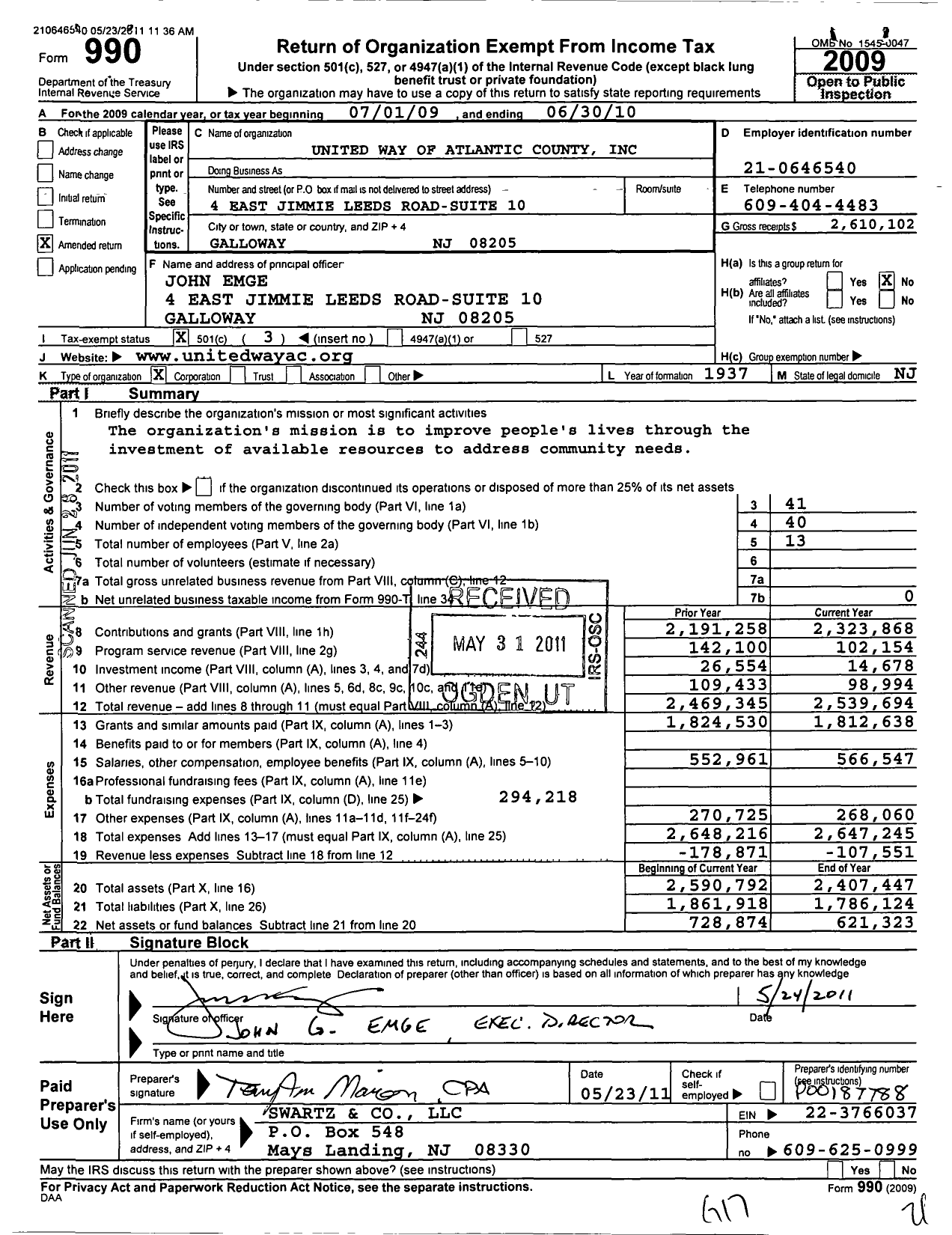 Image of first page of 2009 Form 990 for United Way of Atlantic County