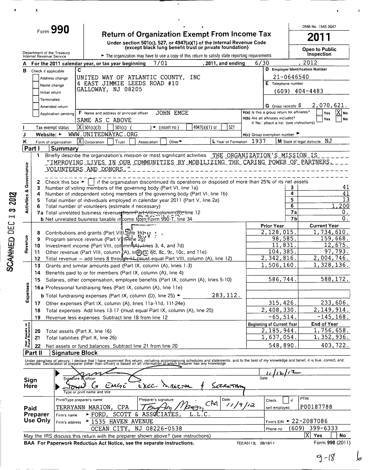 Image of first page of 2011 Form 990 for United Way of Atlantic County