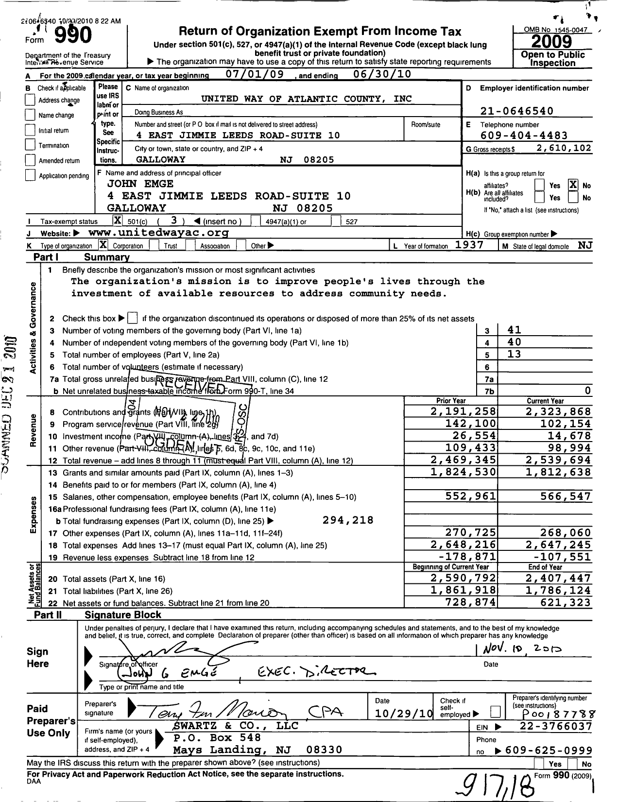 Image of first page of 2009 Form 990 for United Way of Atlantic County