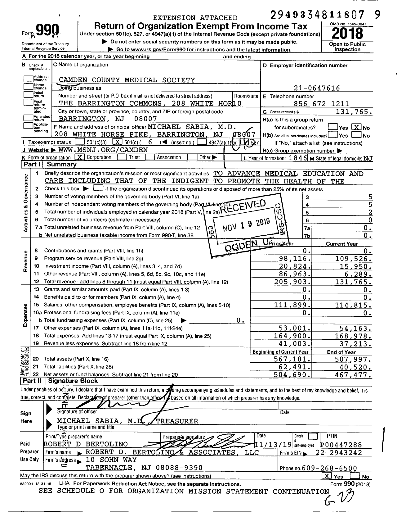 Image of first page of 2018 Form 990O for Camden County Medical Society